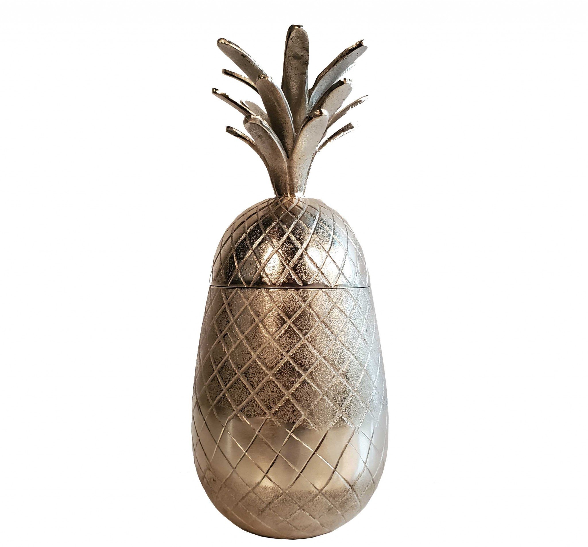 Vibrant pineapple-shaped aluminum decor with a storage compartment, perfect for beach-themed interiors.