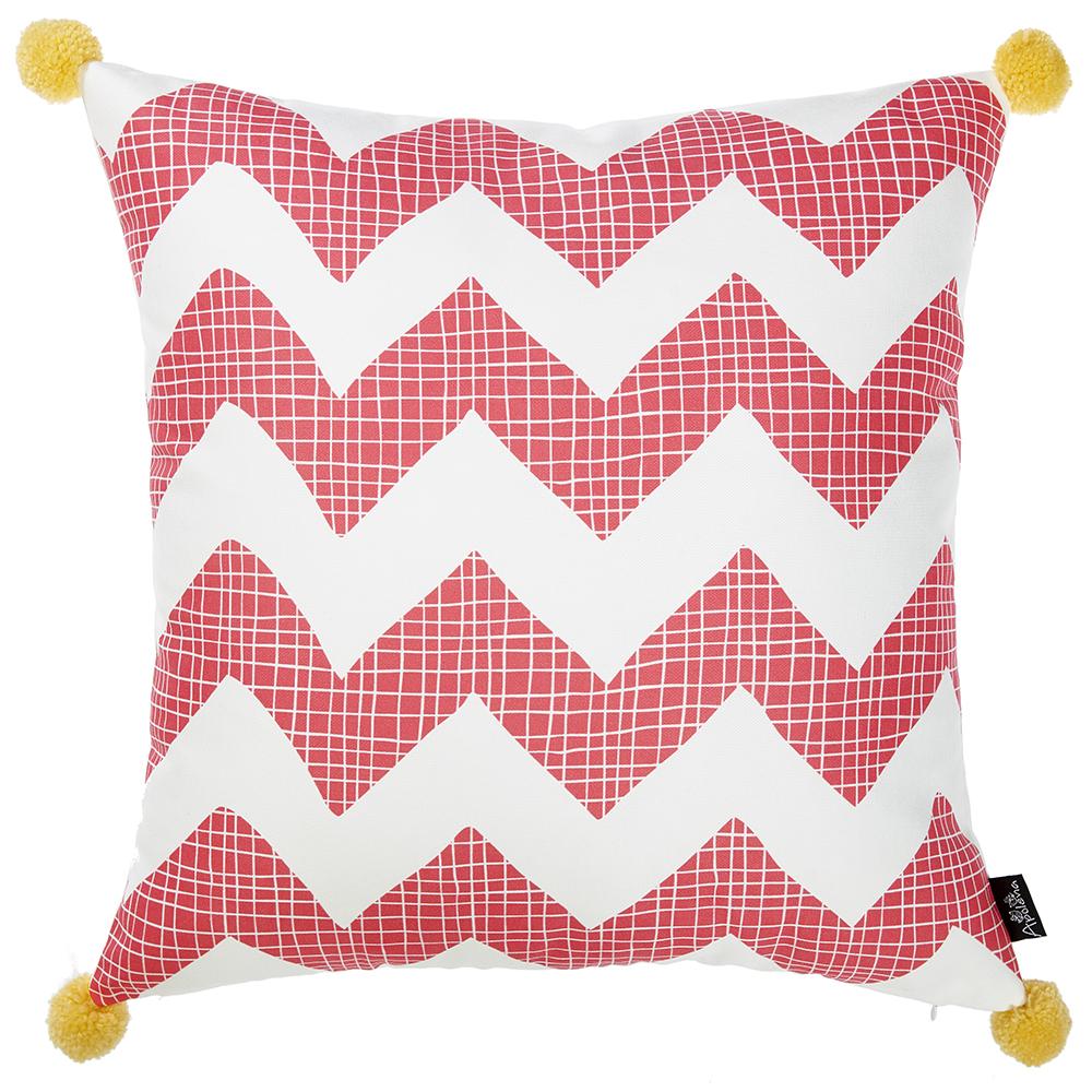 Pink Chevron Decorative Throw Pillow Cover with yellow pompoms, showcasing vibrant patterns and luxurious brushed fabric.