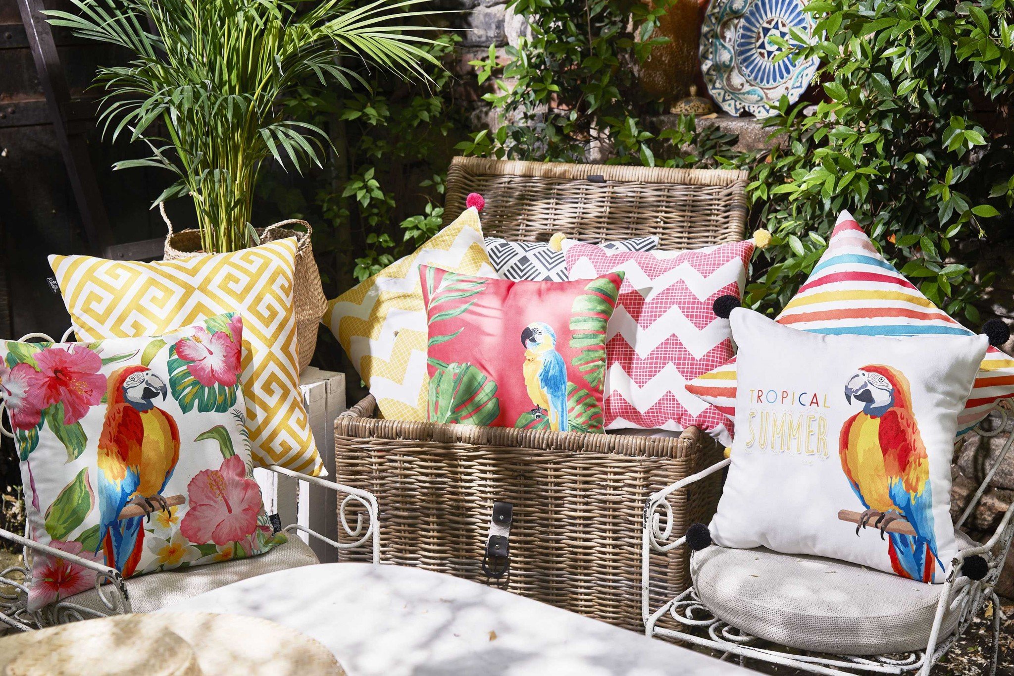 Pink Chevron Decorative Throw Pillow Cover with yellow pompoms, showcasing vibrant patterns and luxurious brushed fabric.