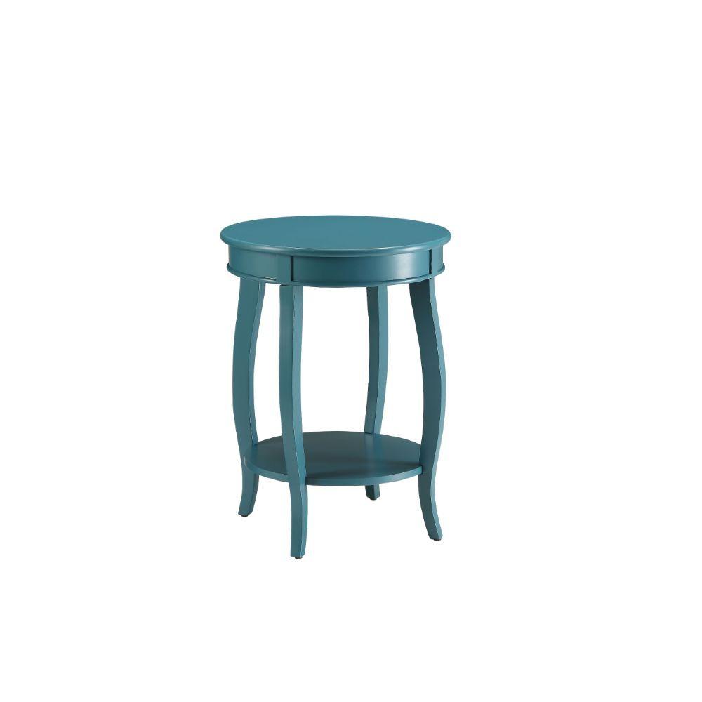 Elegant teal side table with round wooden top and bottom shelf, featuring stylish knee legs.