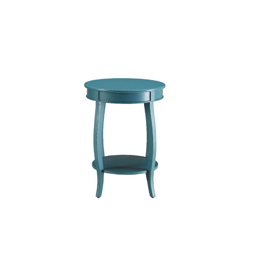 Elegant teal side table with round wooden top and bottom shelf, featuring stylish knee legs.