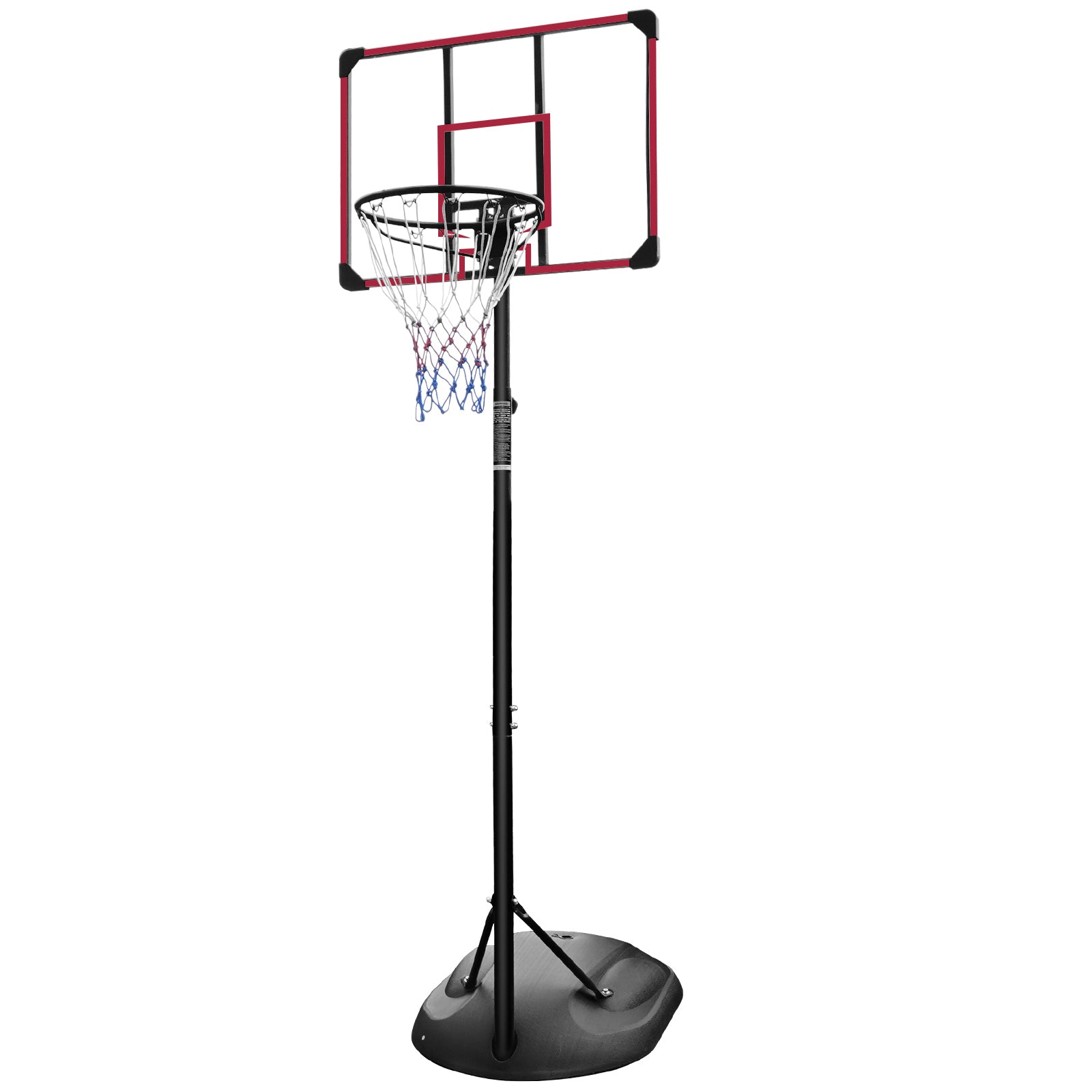 Portable basketball hoop system with adjustable height from 7.5ft to 9.2ft, featuring a sturdy steel pole and transparent backboard.