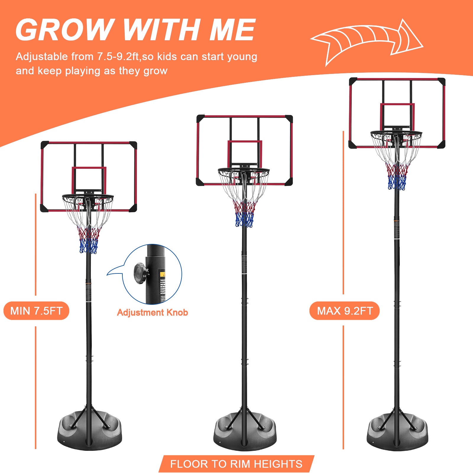 Portable basketball hoop system with adjustable height from 7.5ft to 9.2ft, featuring a sturdy steel pole and transparent backboard.