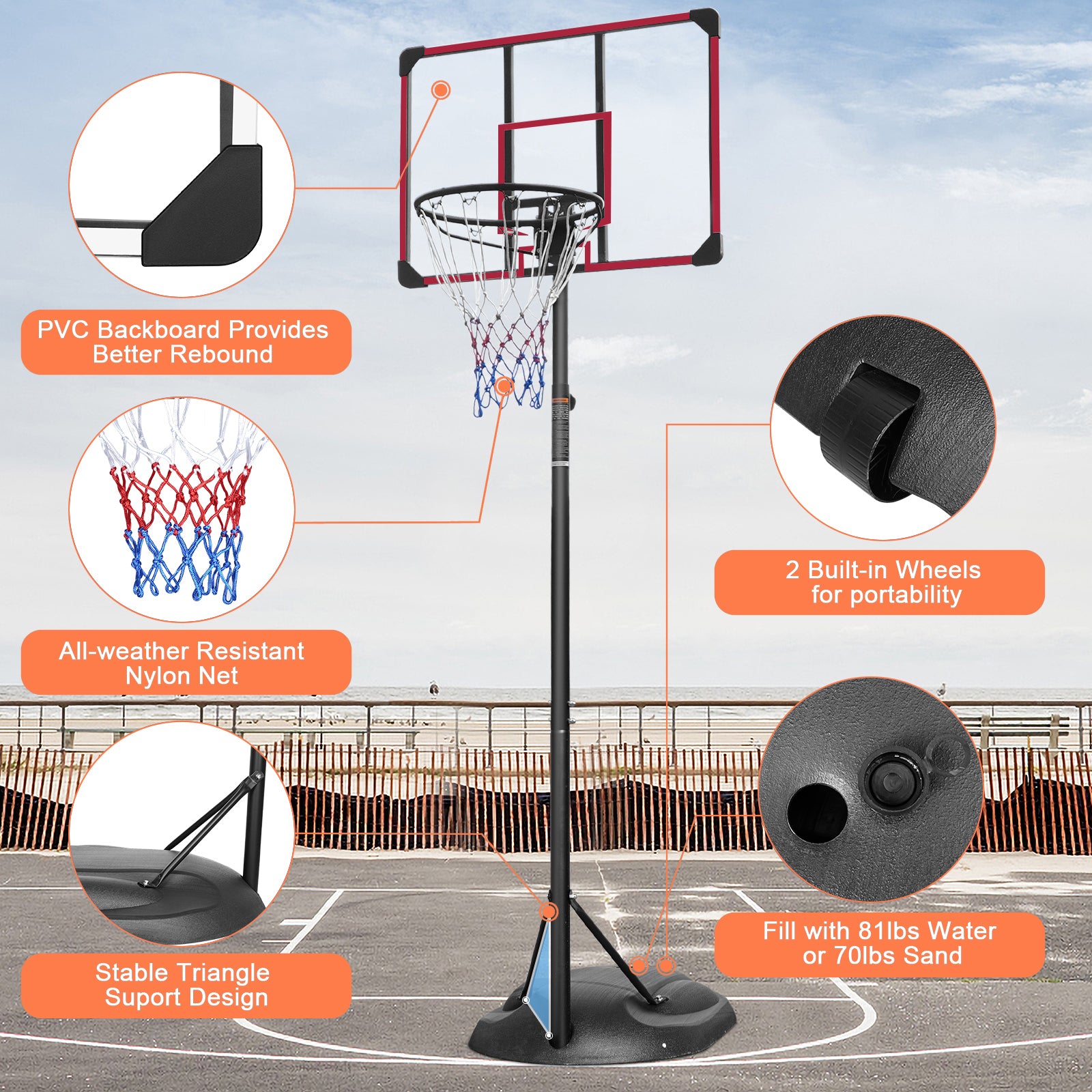 Portable basketball hoop system with adjustable height from 7.5ft to 9.2ft, featuring a sturdy steel pole and transparent backboard.