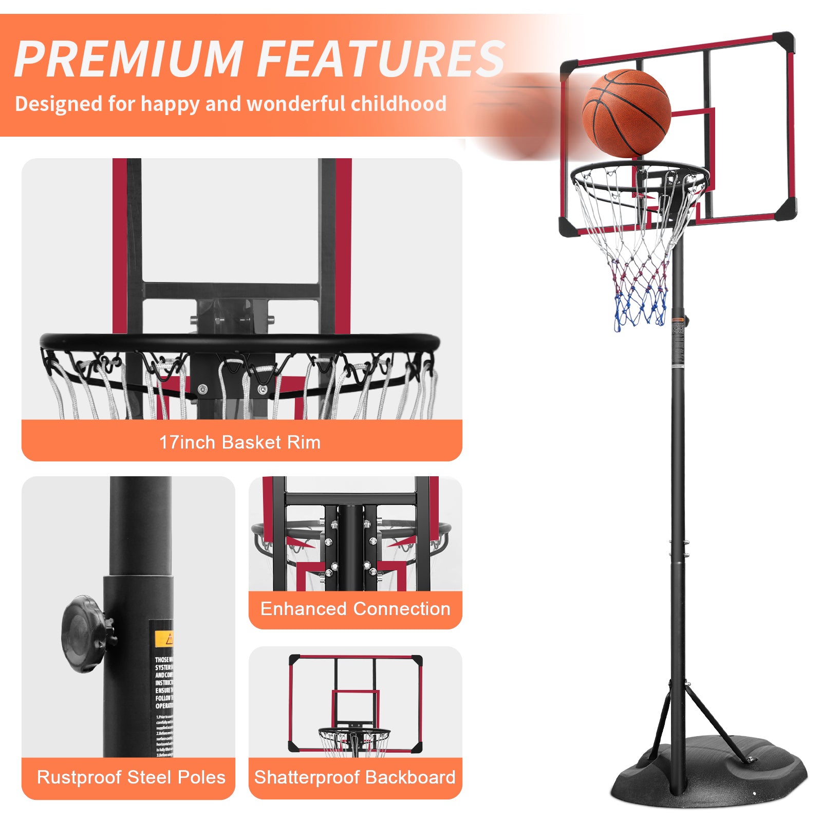 Portable basketball hoop system with adjustable height from 7.5ft to 9.2ft, featuring a sturdy steel pole and transparent backboard.