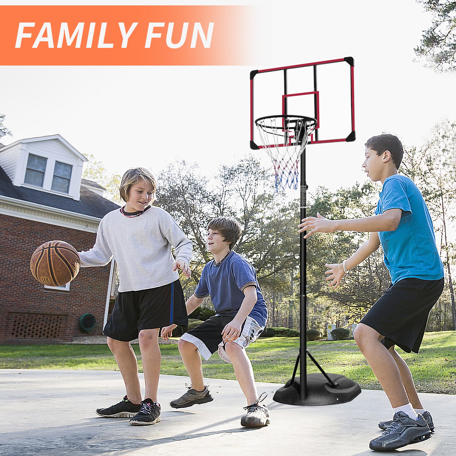 Portable basketball hoop system with adjustable height from 7.5ft to 9.2ft, featuring a sturdy steel pole and transparent backboard.