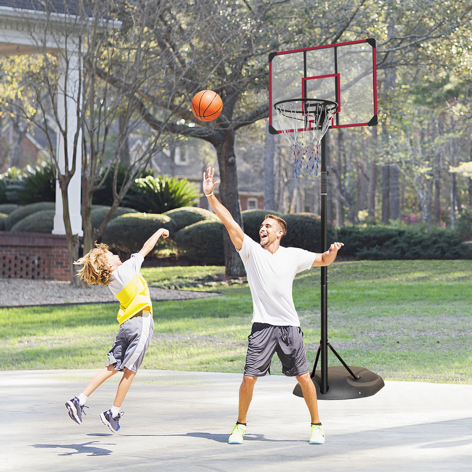 Portable basketball hoop system with adjustable height from 7.5ft to 9.2ft, featuring a sturdy steel pole and transparent backboard.