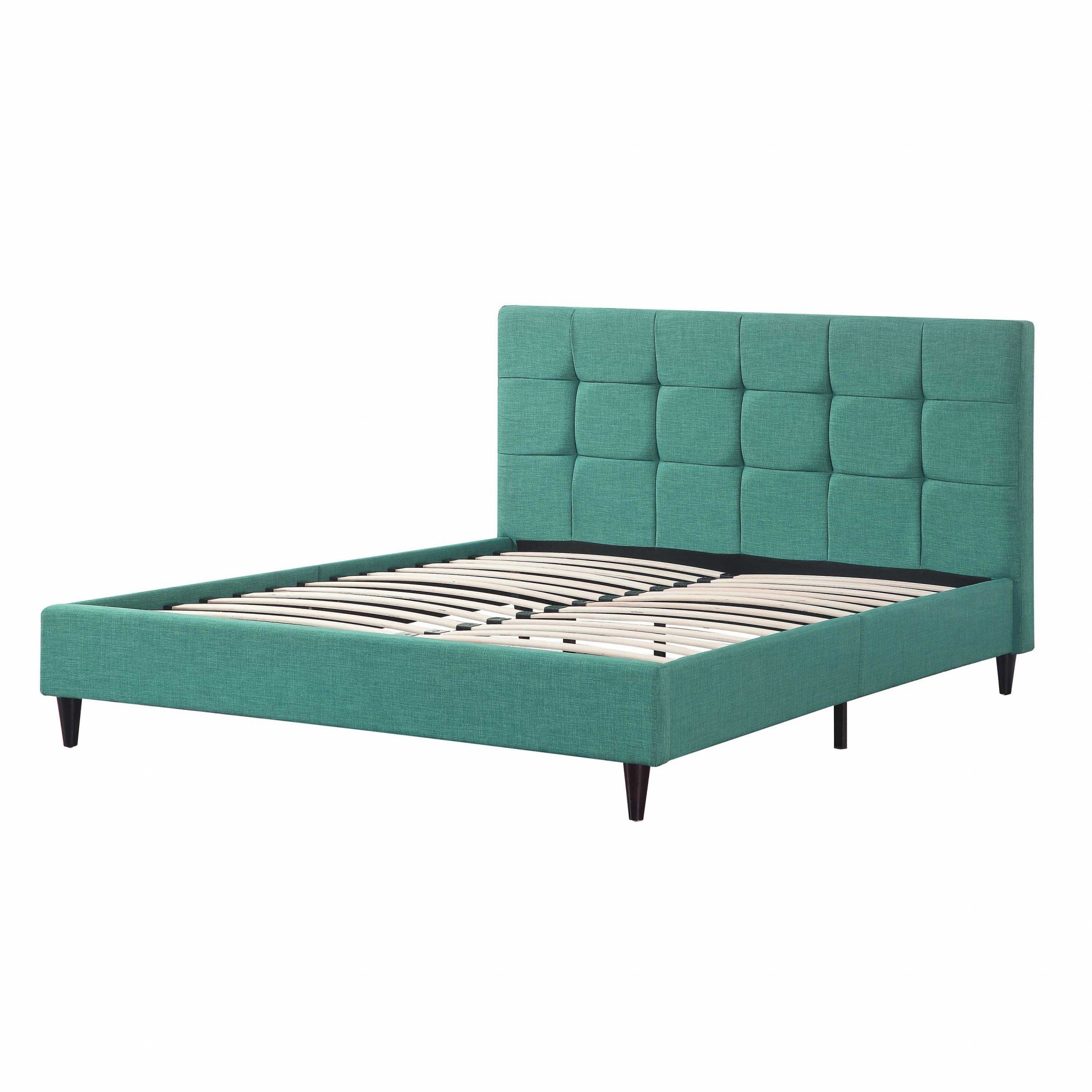 Queen Blue Modern Upholstered Square Stitched Platform Bed featuring a tufted padded headboard and low profile footboard, showcasing elegant design and solid wood construction.