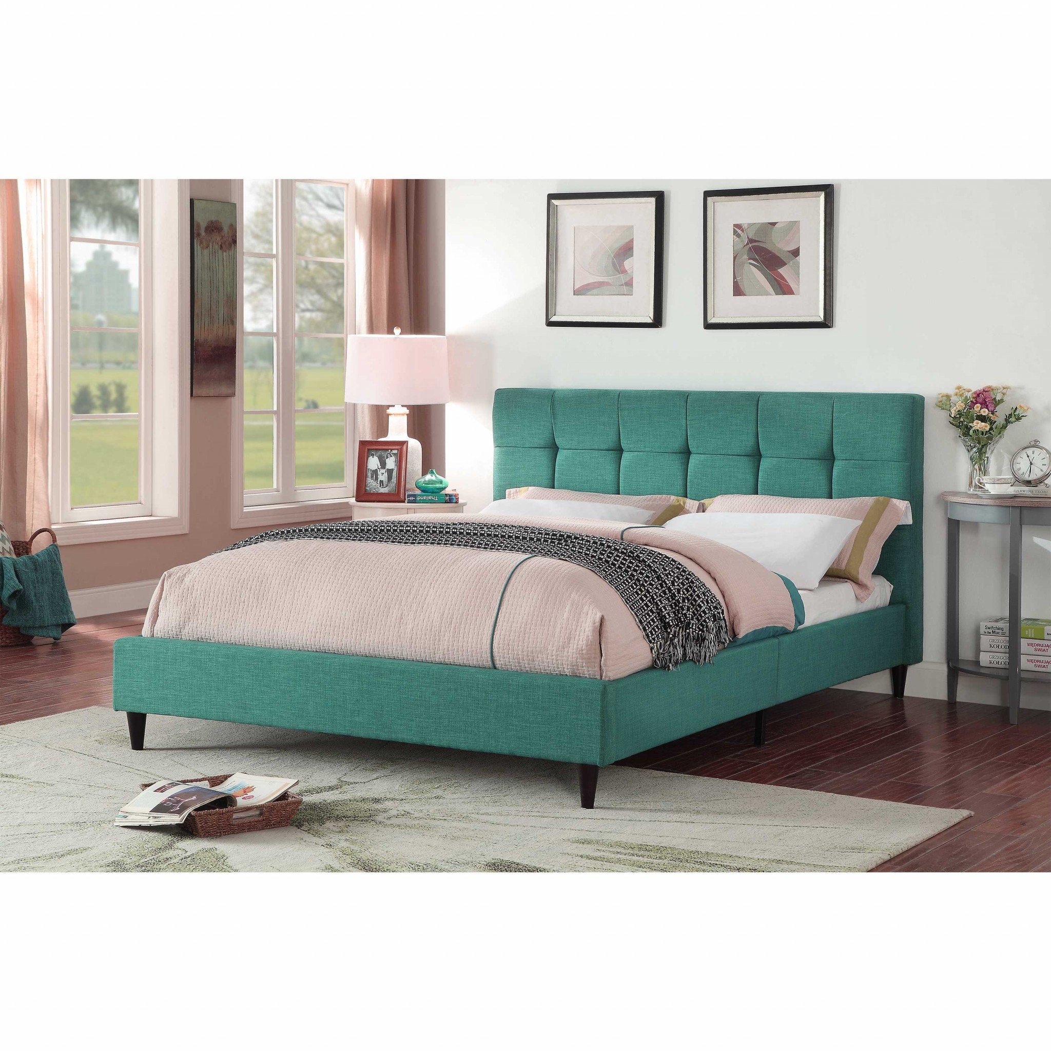 Queen Blue Modern Upholstered Square Stitched Platform Bed featuring a tufted padded headboard and low profile footboard, showcasing elegant design and solid wood construction.