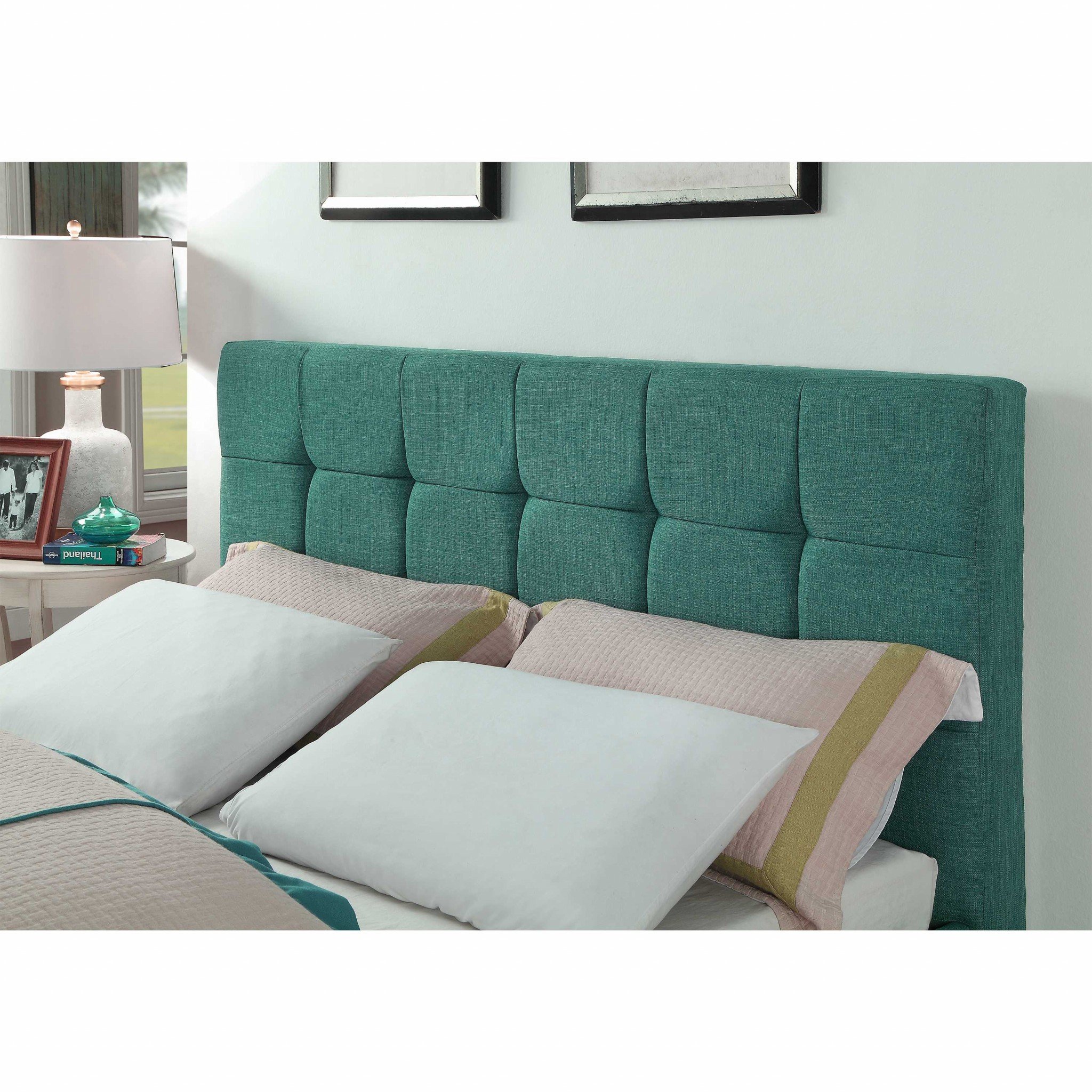 Queen Blue Modern Upholstered Square Stitched Platform Bed featuring a tufted padded headboard and low profile footboard, showcasing elegant design and solid wood construction.