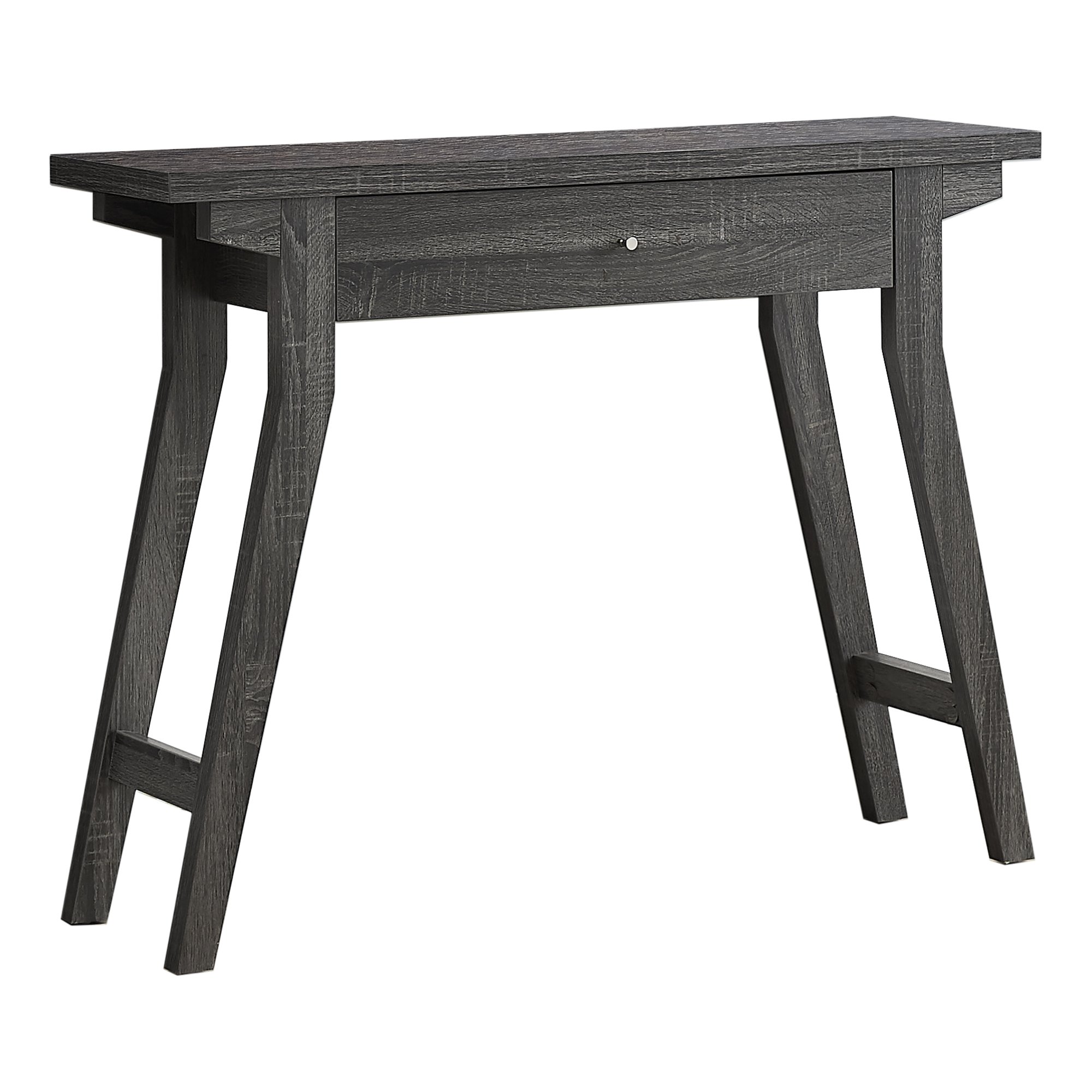 Rectangular grey accent table with a storage drawer and silver knob, featuring a reclaimed wood-look finish and angled legs.