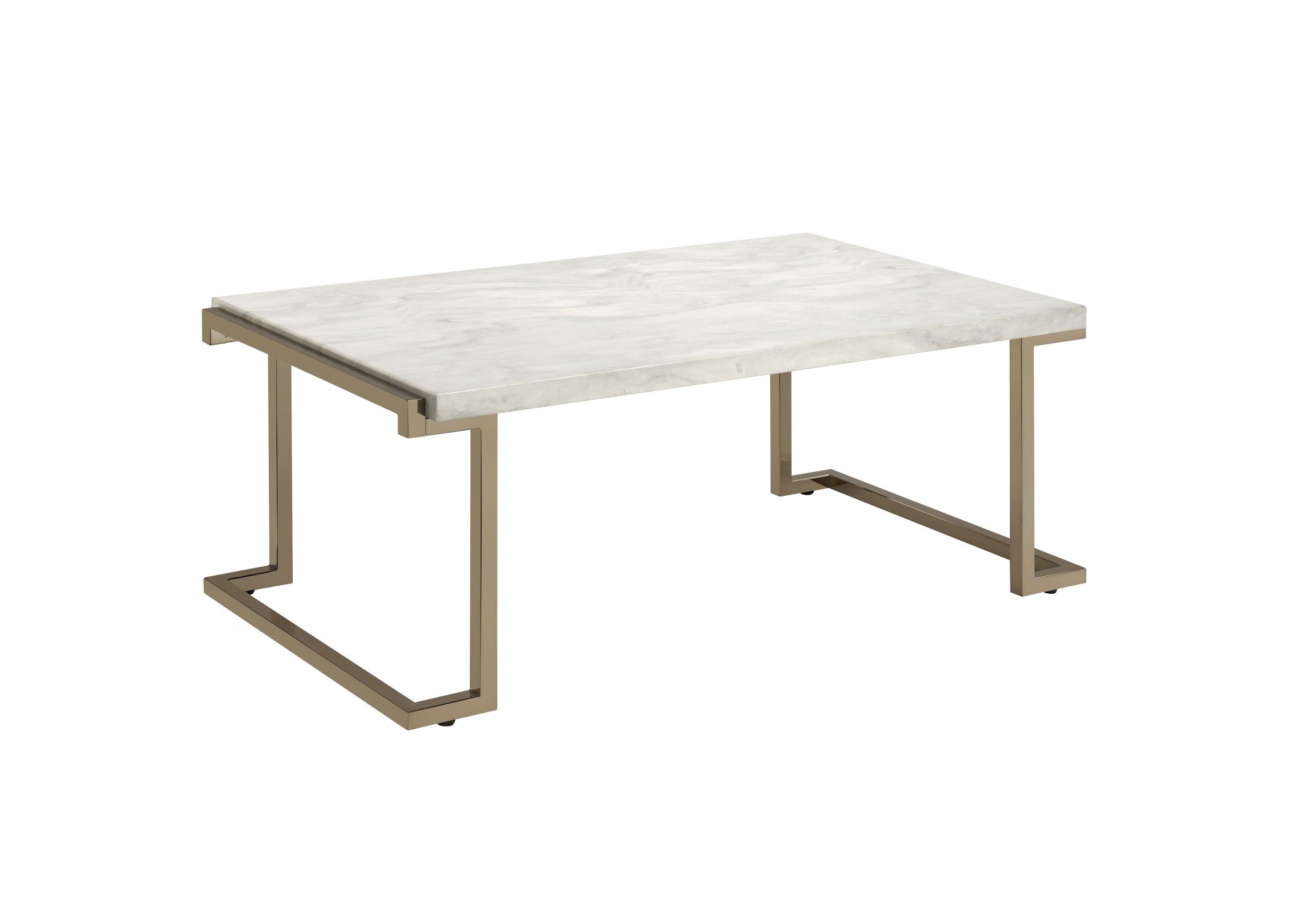 Rectangular coffee table featuring a faux marble top and champagne metal base, showcasing a modern and elegant design.