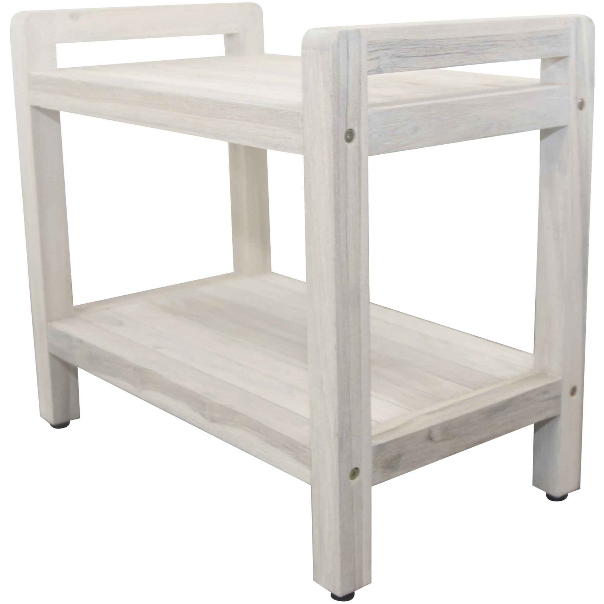 Rectangular teak shower bench with white finish, featuring solid slats, cut-out handles, and adjustable foot pads for stability.