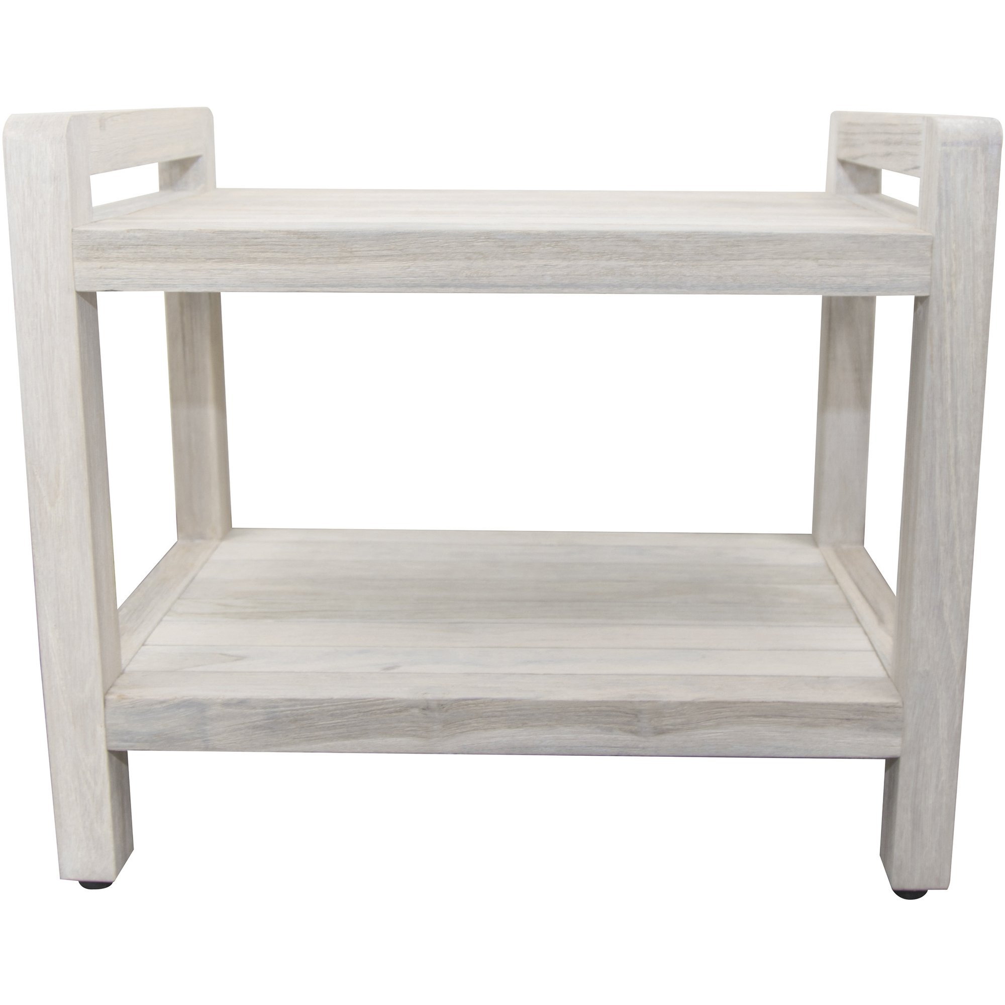 Rectangular teak shower bench with white finish, featuring solid slats, cut-out handles, and adjustable foot pads for stability.