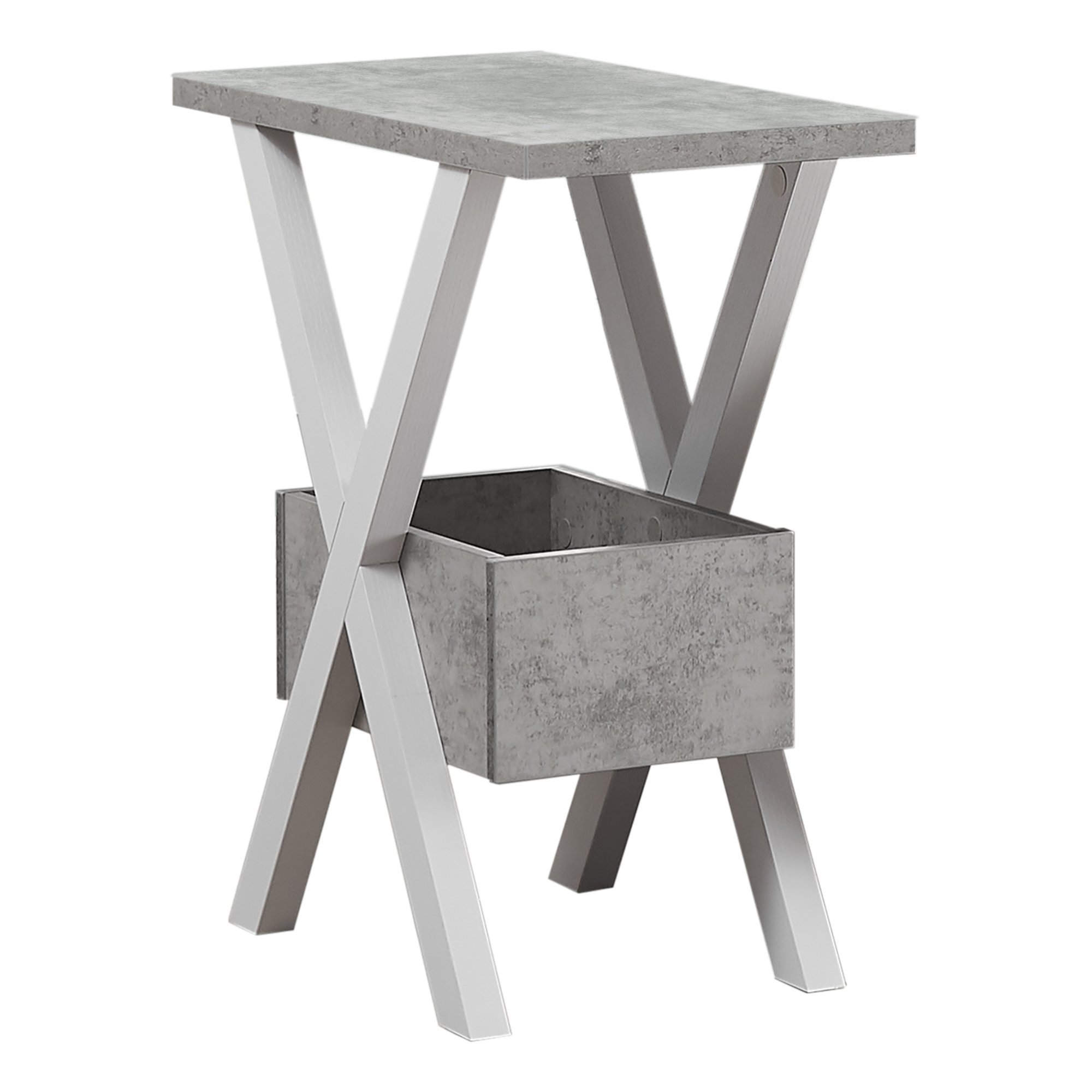 Rectangular accent table with white cross legs and grey cement look finish, perfect for modern decor.