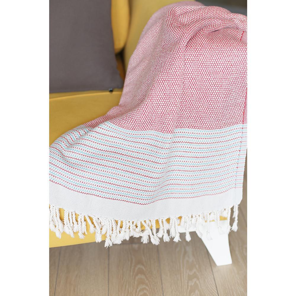 Red and white checked Turkish towel with cotton fringe, showcasing light blue accents, perfect for home or beach use.