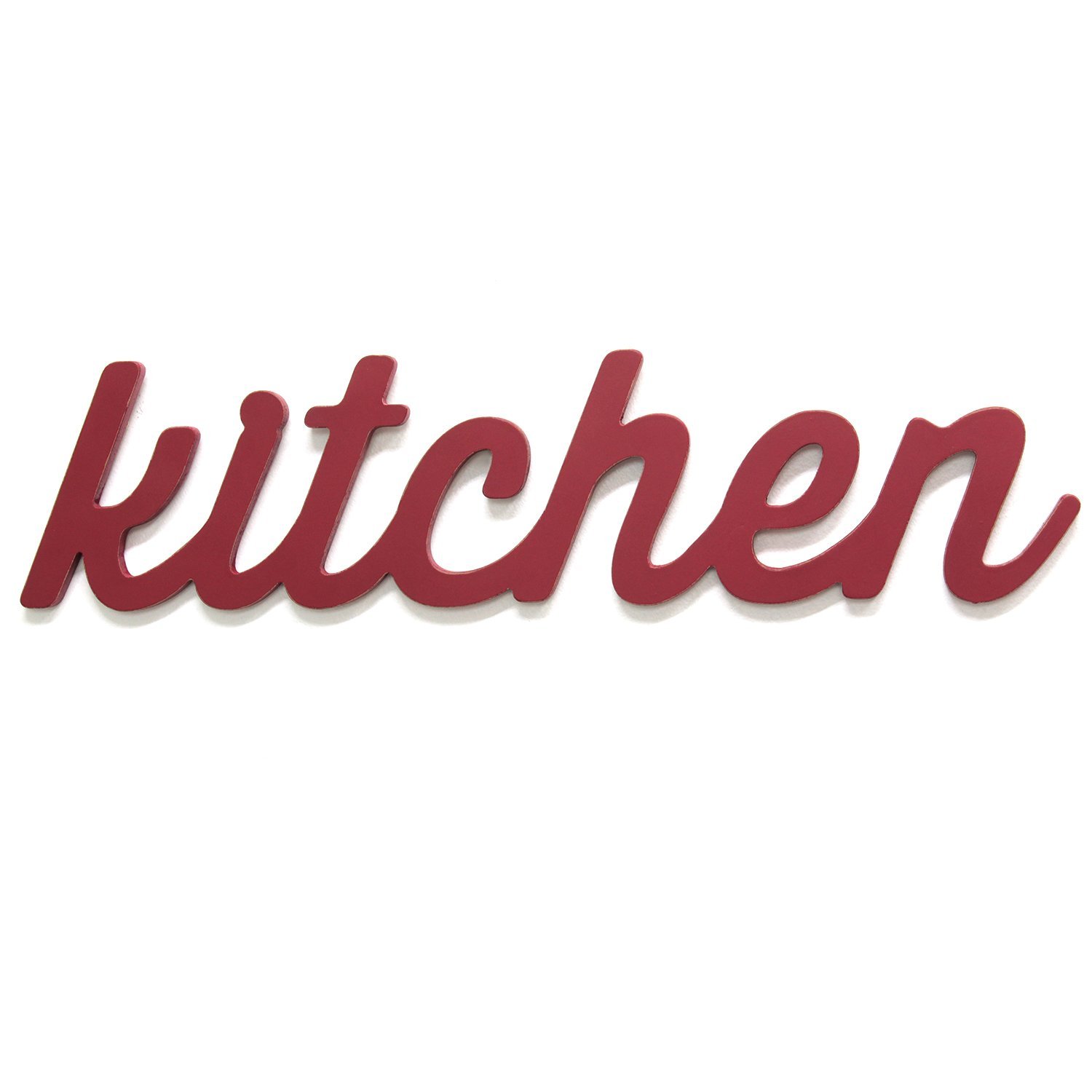 Hand-painted red wood word decor for kitchen, showcasing vibrant typography and charming design.