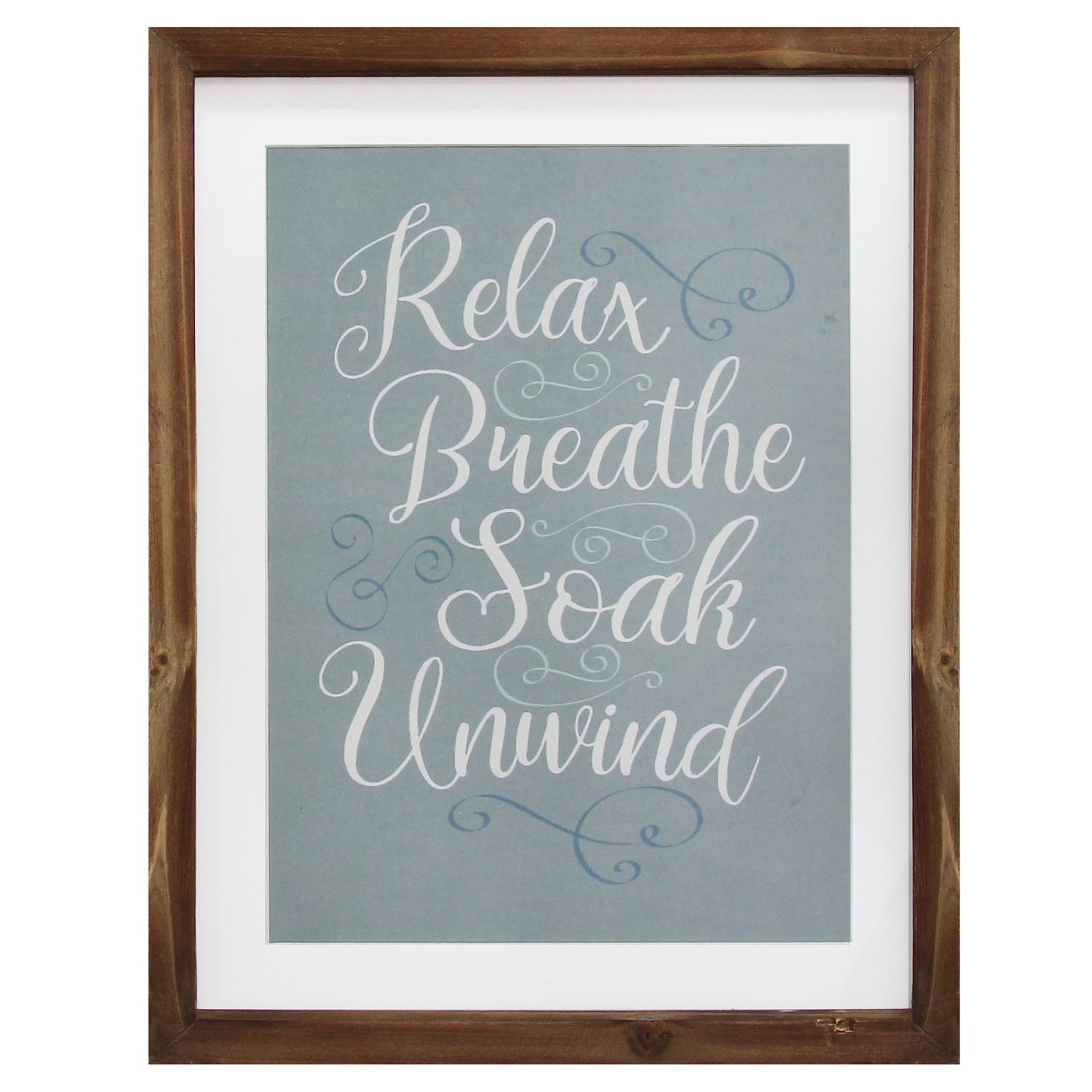 Framed bath art featuring the words Relax, Breathe, Soak, Unwind in elegant typography, perfect for bathroom decor.