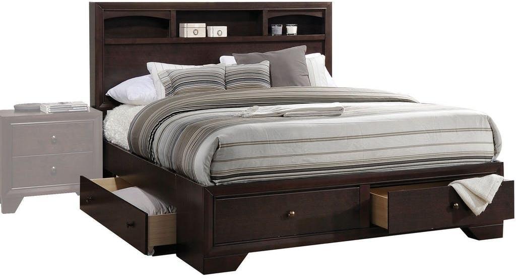 Rich Espresso Finish King Bed featuring a rectangular headboard with raised molding, low profile footboard, and storage drawers.