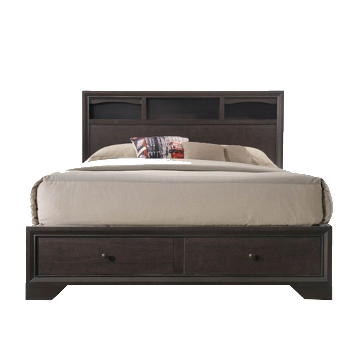 Rich Espresso Finish King Bed featuring a rectangular headboard with raised molding, low profile footboard, and storage drawers.