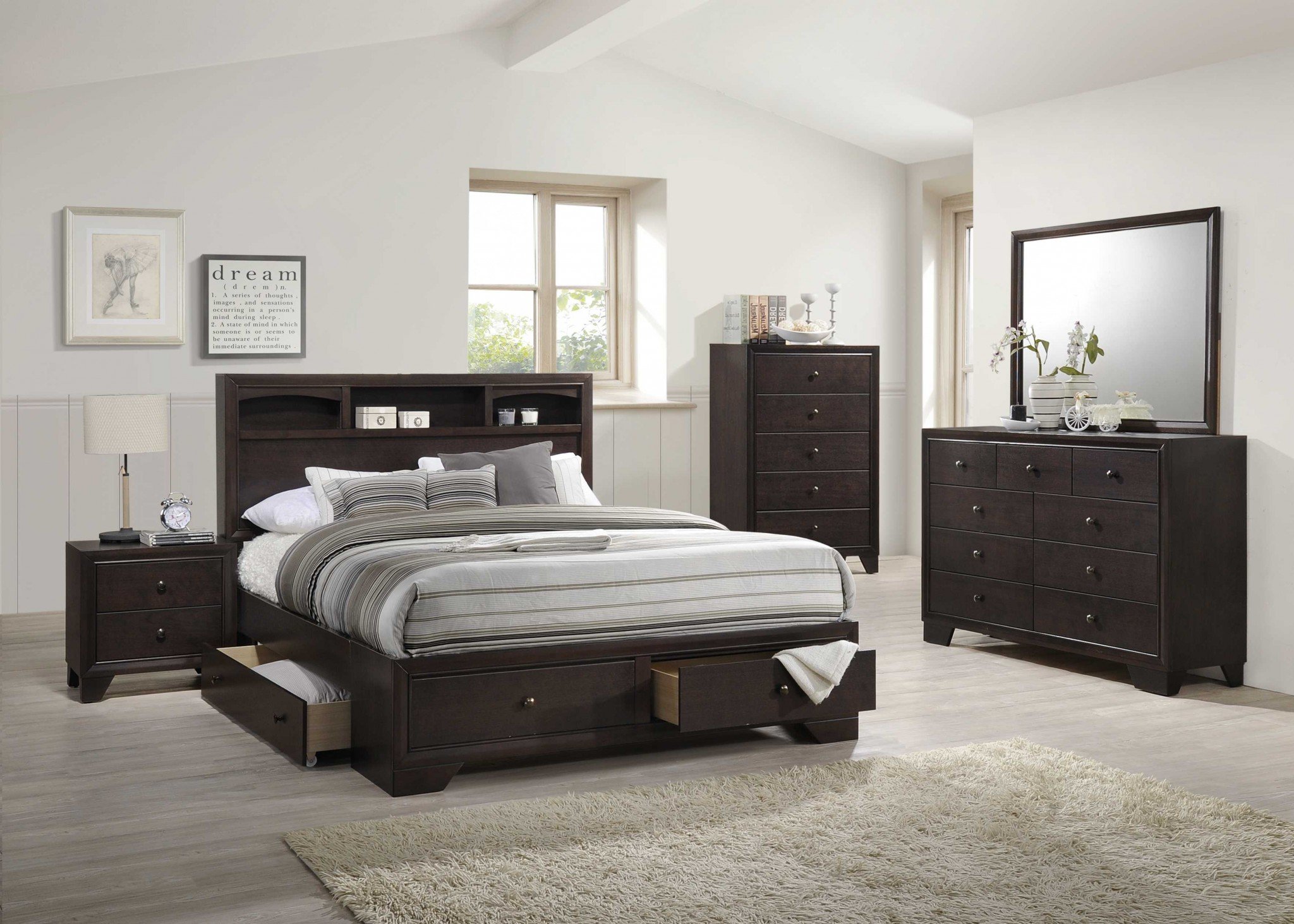 Rich espresso finish queen bed with storage, featuring a bookcase headboard and multiple drawers for organization.