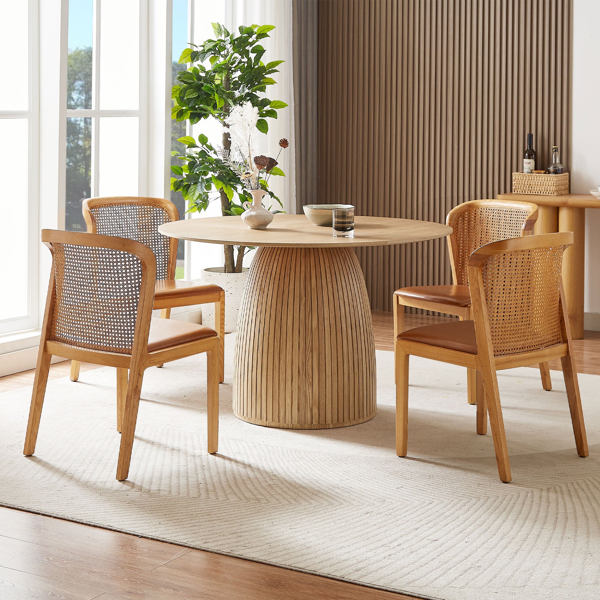 Round Dining Table Modern Wood Kitchen Table with a 47.24" circular tabletop, featuring a stylish T-shaped base and oak finish.