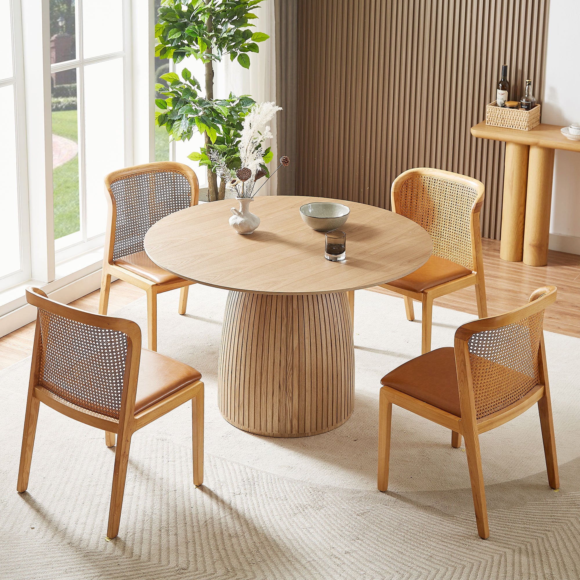 Round Dining Table Modern Wood Kitchen Table with a 47.24" circular tabletop, featuring a stylish T-shaped base and oak finish.