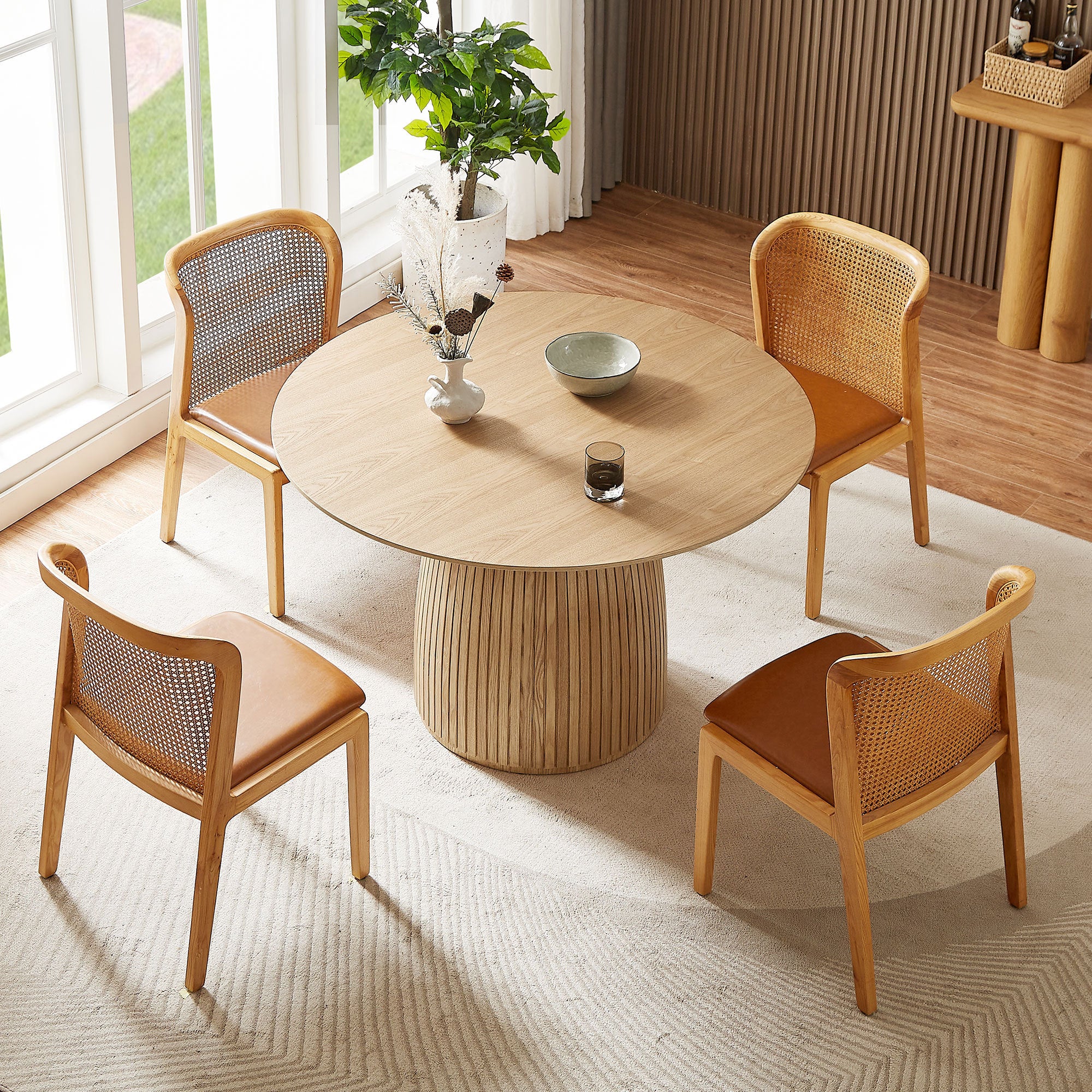 Round Dining Table Modern Wood Kitchen Table with a 47.24" circular tabletop, featuring a stylish T-shaped base and oak finish.