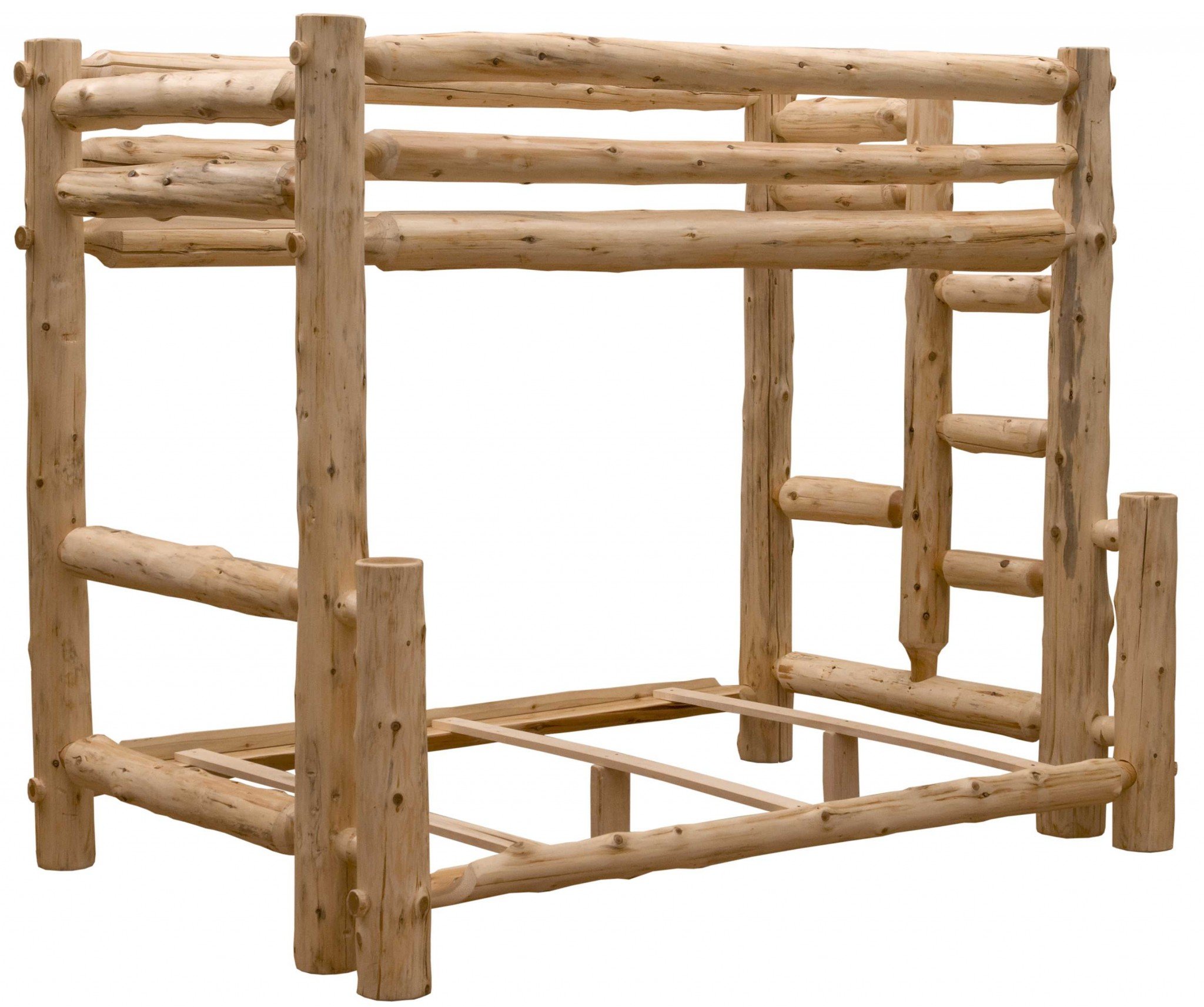 Rustic and Natural Cedar Double and Single Ladder Right Log Bunk Bed showcasing hand-peeled logs and a stylish rustic design.