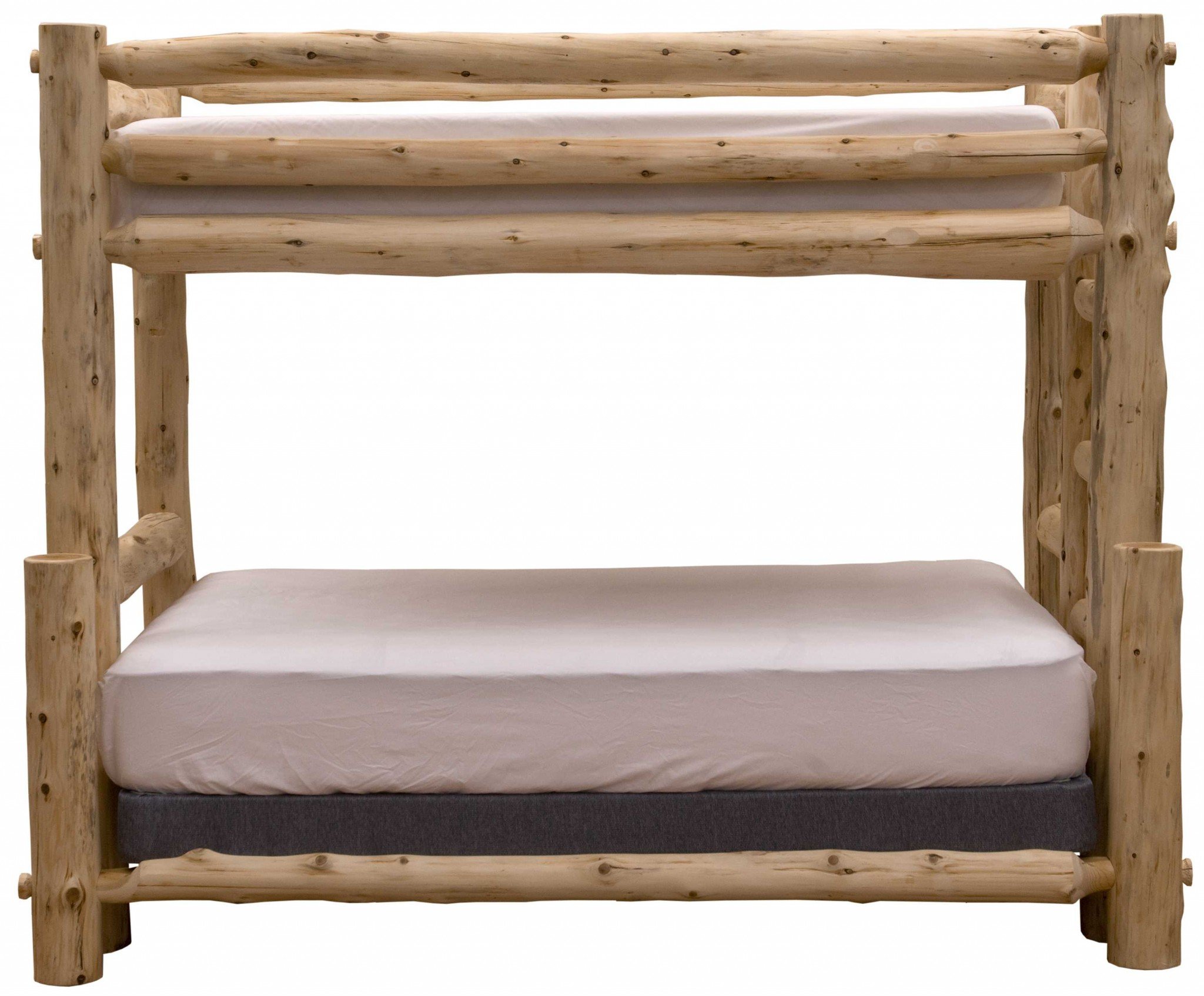 Rustic and Natural Cedar Double and Single Ladder Right Log Bunk Bed showcasing hand-peeled logs and a stylish rustic design.