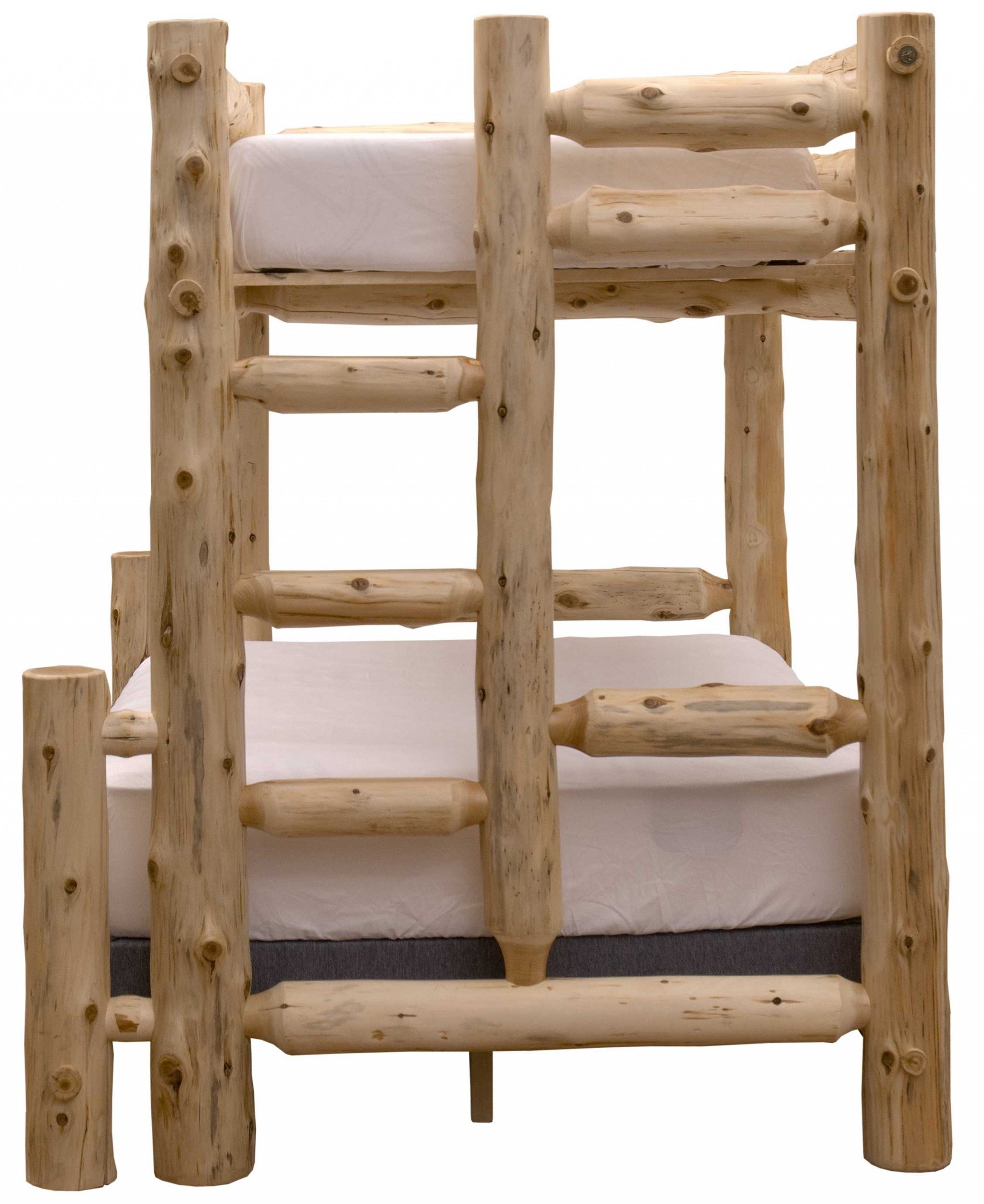 Rustic and Natural Cedar Double and Single Ladder Right Log Bunk Bed showcasing hand-peeled logs and a stylish rustic design.