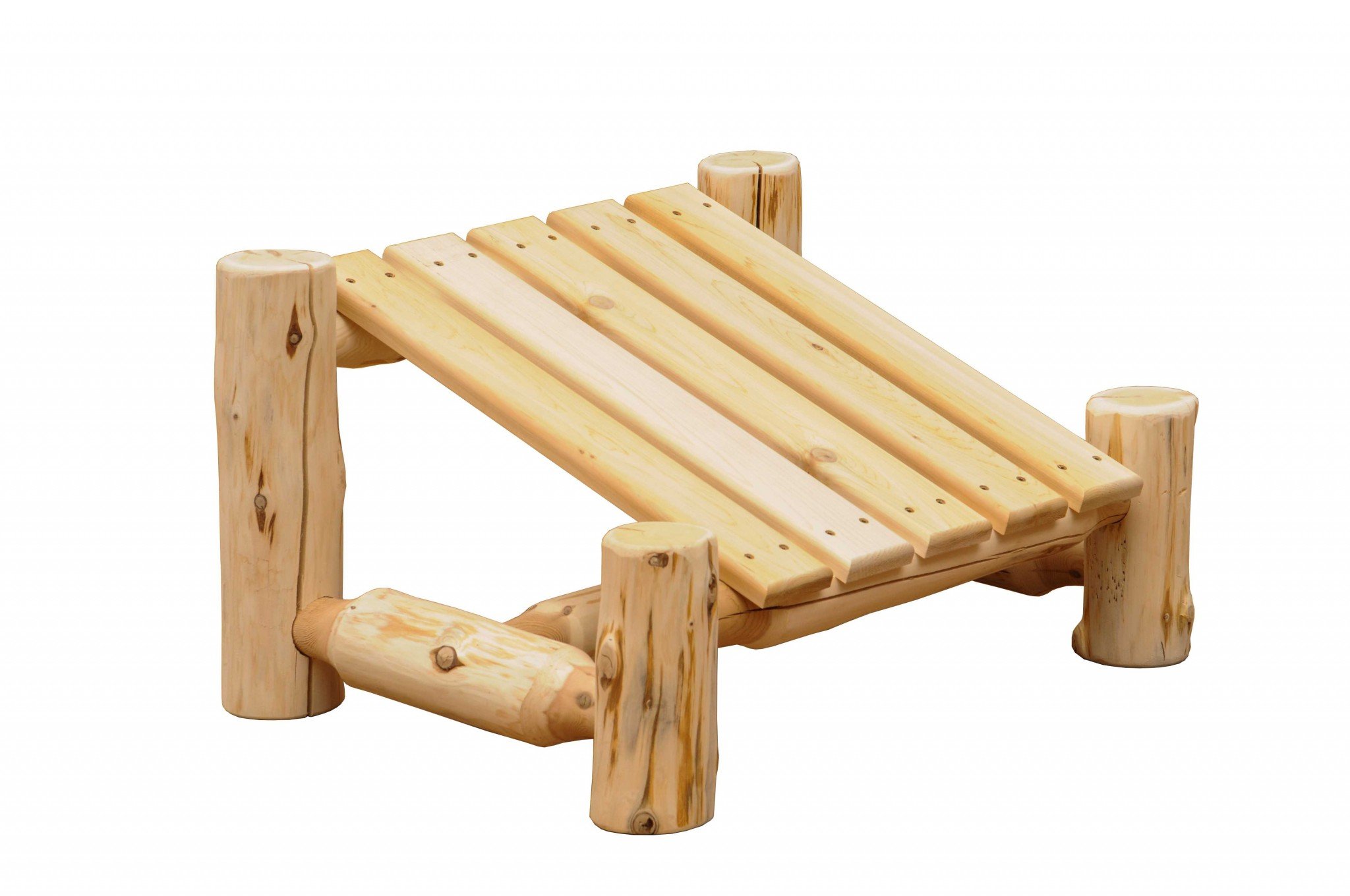 Rustic and Natural Cedar Outdoor Adirondack Ottoman showcasing its hand-peeled logs and beautiful cedar finish, perfect for outdoor relaxation.