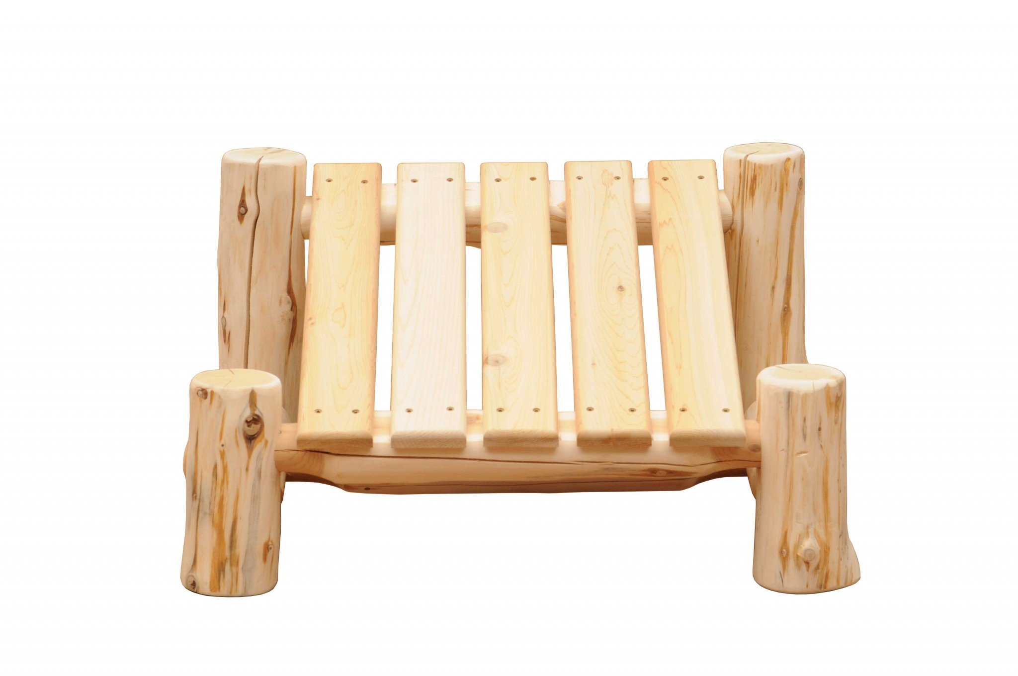 Rustic and Natural Cedar Outdoor Adirondack Ottoman showcasing its hand-peeled logs and beautiful cedar finish, perfect for outdoor relaxation.