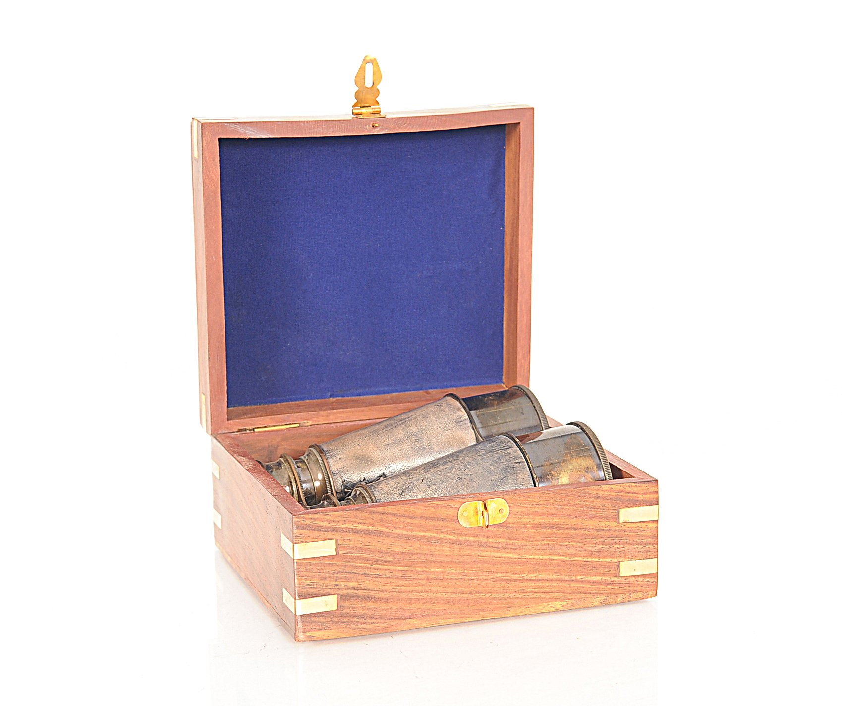 Rustic brass and leather binoculars with a wooden storage box, showcasing antique design and craftsmanship.