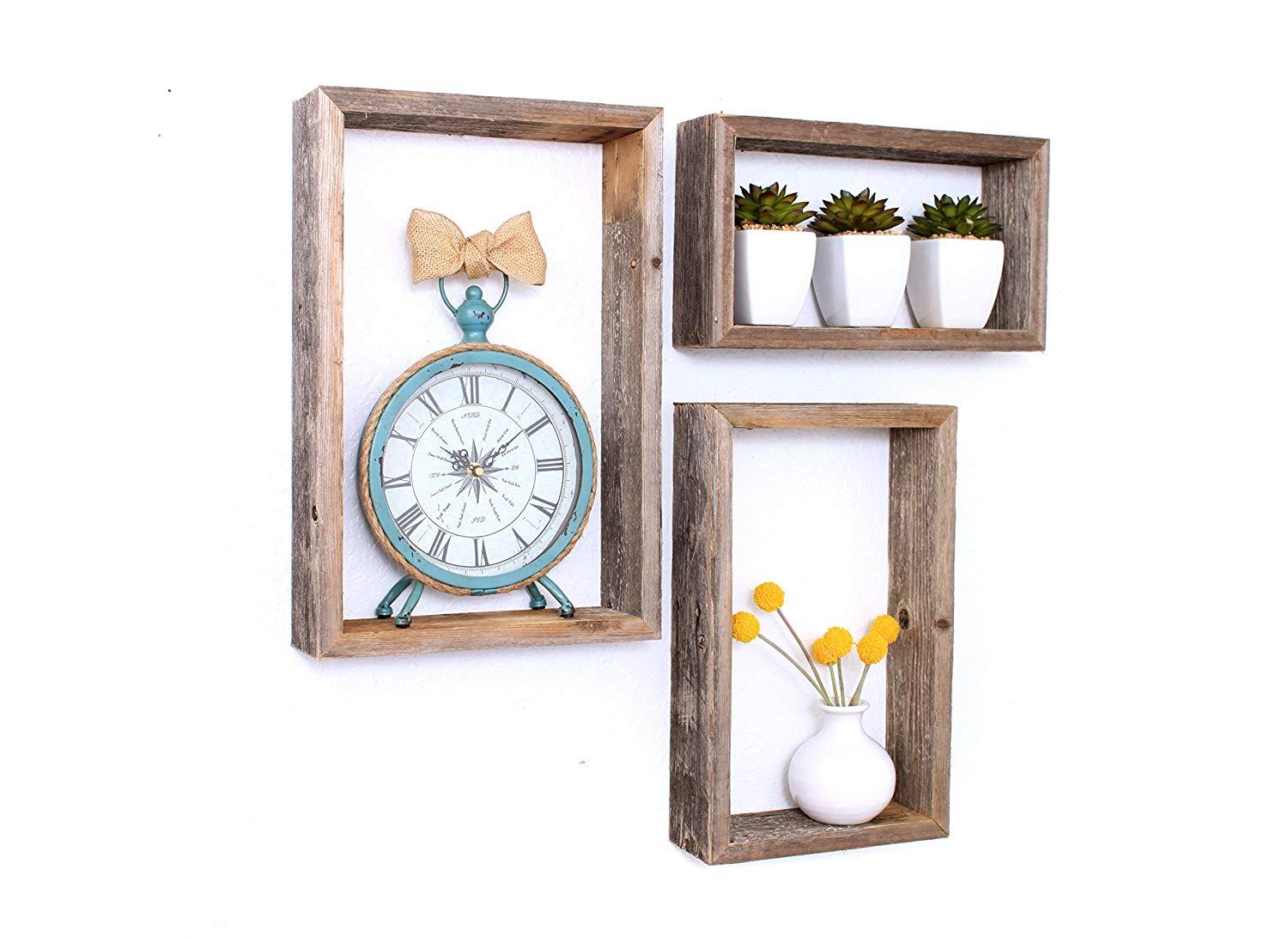 Set of three rustic farmhouse rectangle shadow box shelves, showcasing a natural wood finish and open design, perfect for home decor.