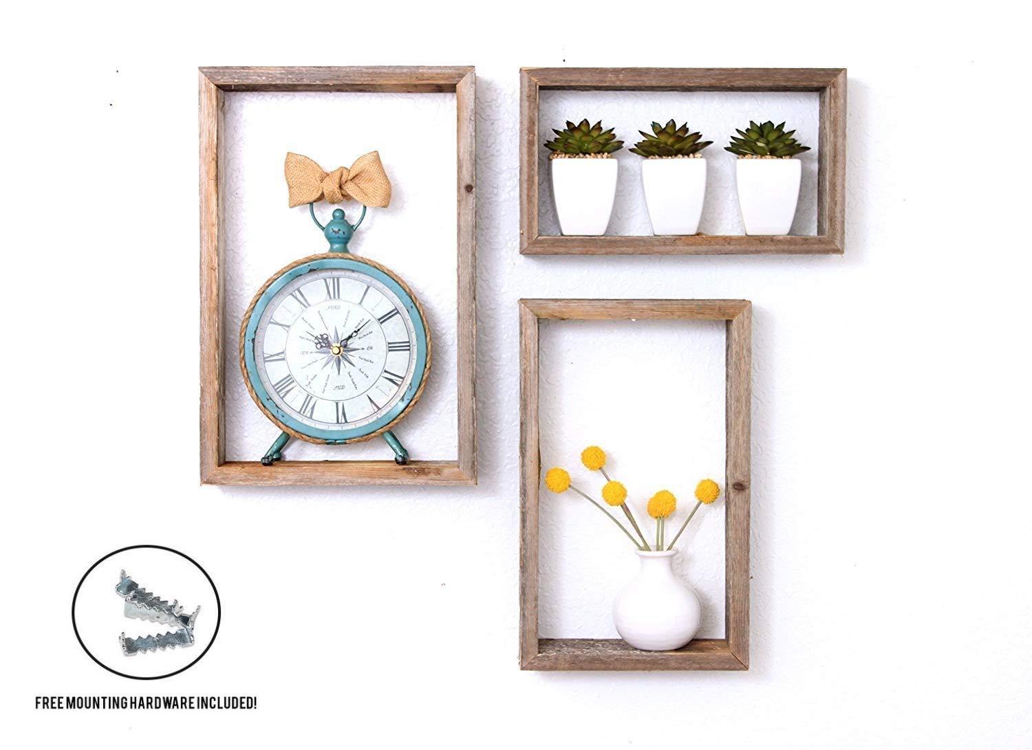 Set of three rustic farmhouse rectangle shadow box shelves, showcasing a natural wood finish and open design, perfect for home decor.