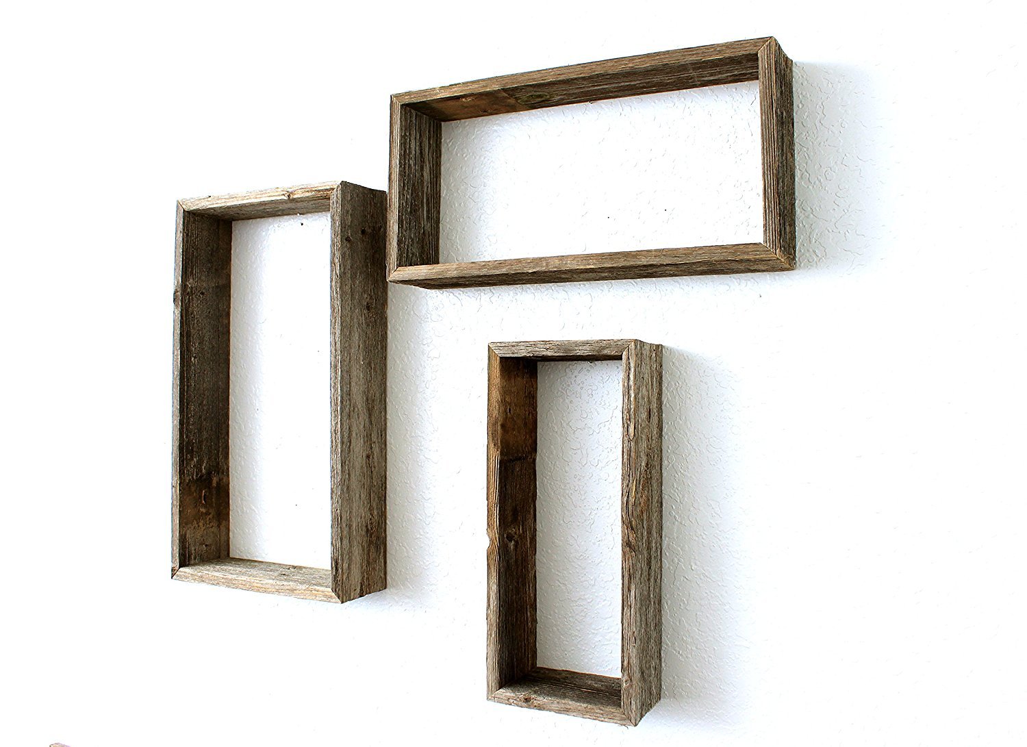 Set of three rustic farmhouse rectangle shadow box shelves, showcasing a natural wood finish and open design, perfect for home decor.