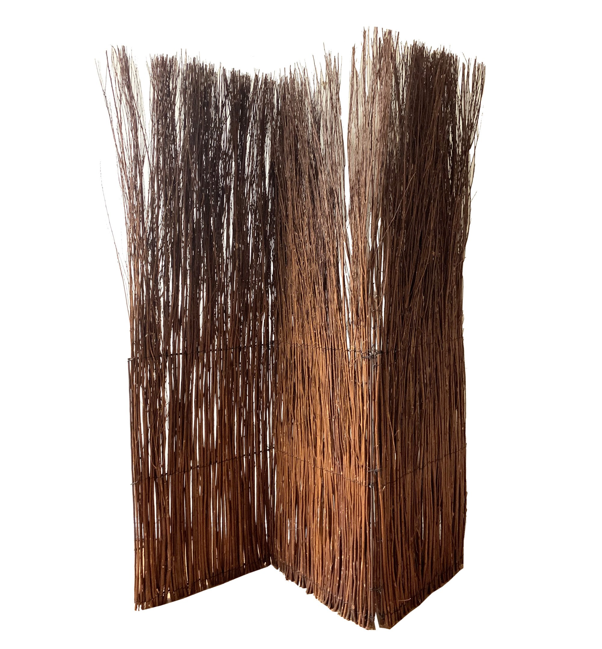 A tall, three-panel room divider made of rustic willow branches, showcasing a natural and elegant design.