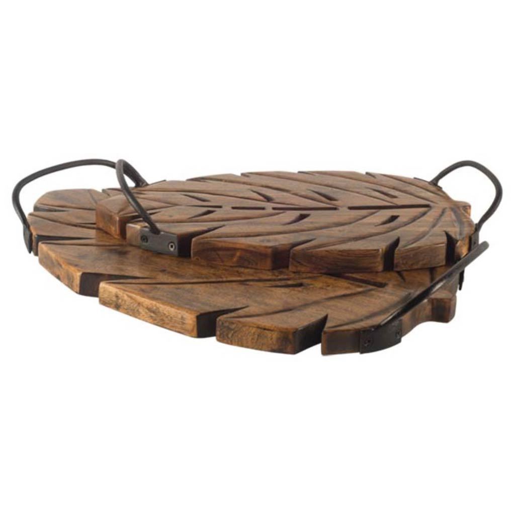 Set of two brown wooden trays shaped like leaves with side handles, crafted from durable Indian hardwood.