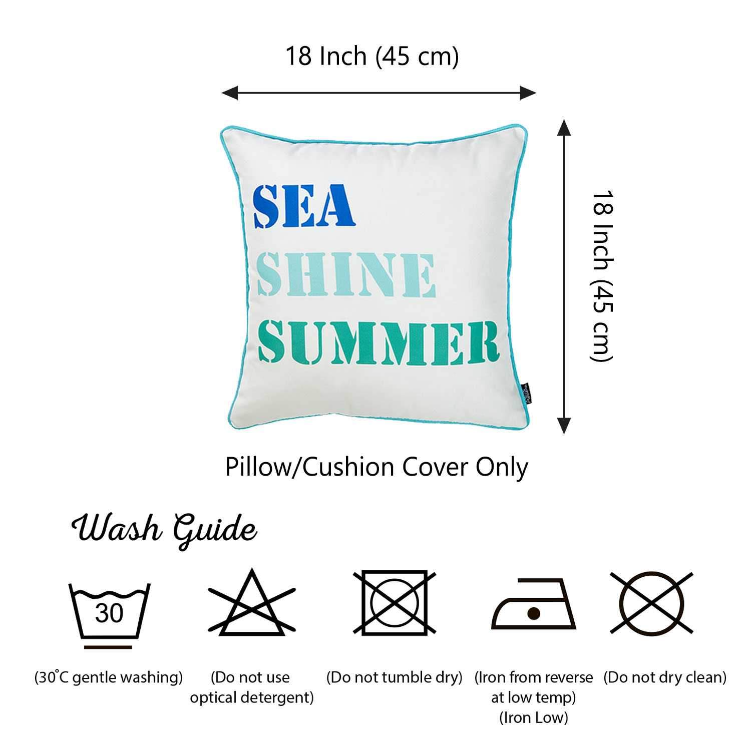 Sea Shine Summer Decorative Throw Pillow Cover featuring vibrant marine designs and blue piping, made from soft brushed polyester fabric.