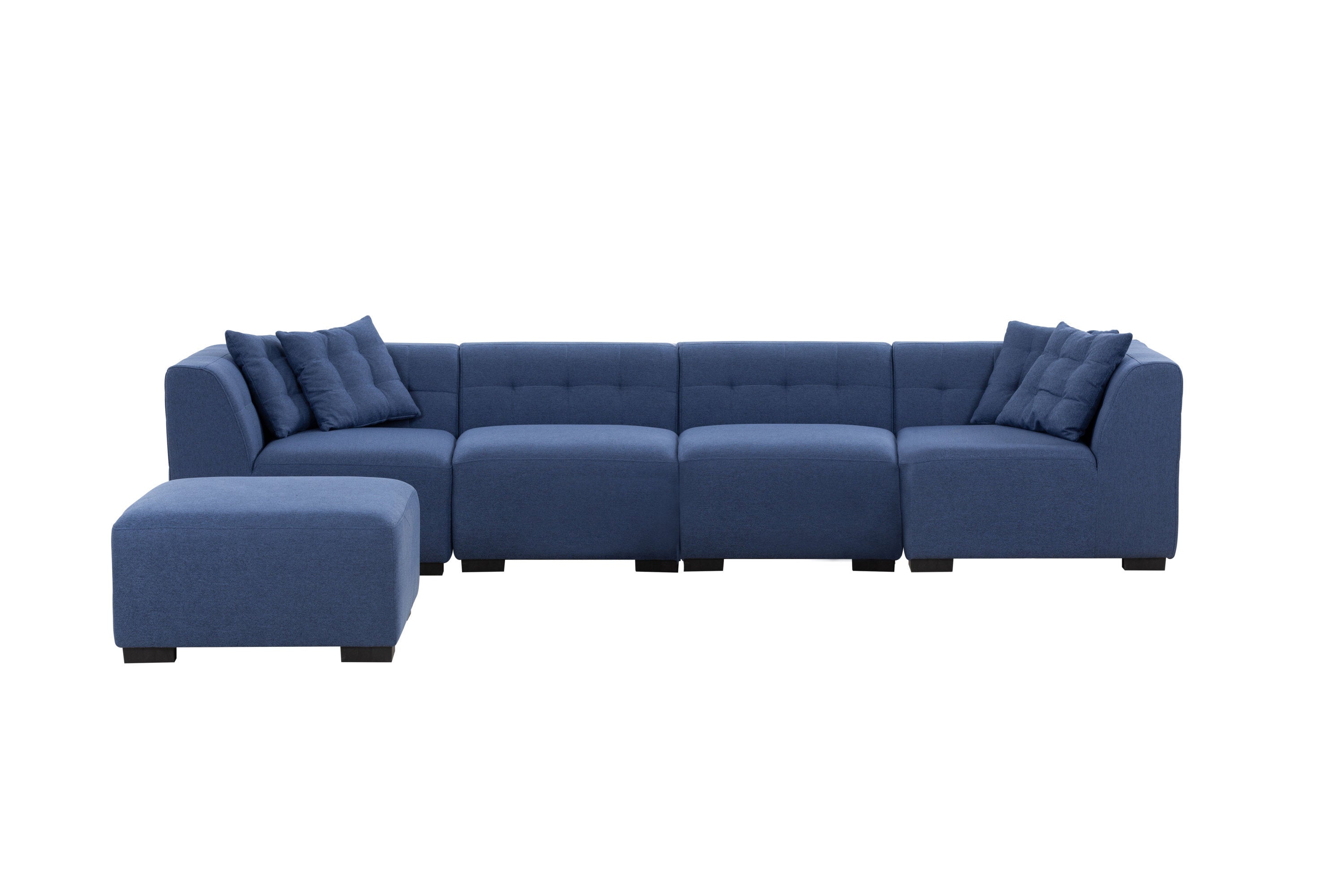 A stylish dark blue sectional sofa with an ottoman, showcasing a modern design and comfortable seating, perfect for living rooms.