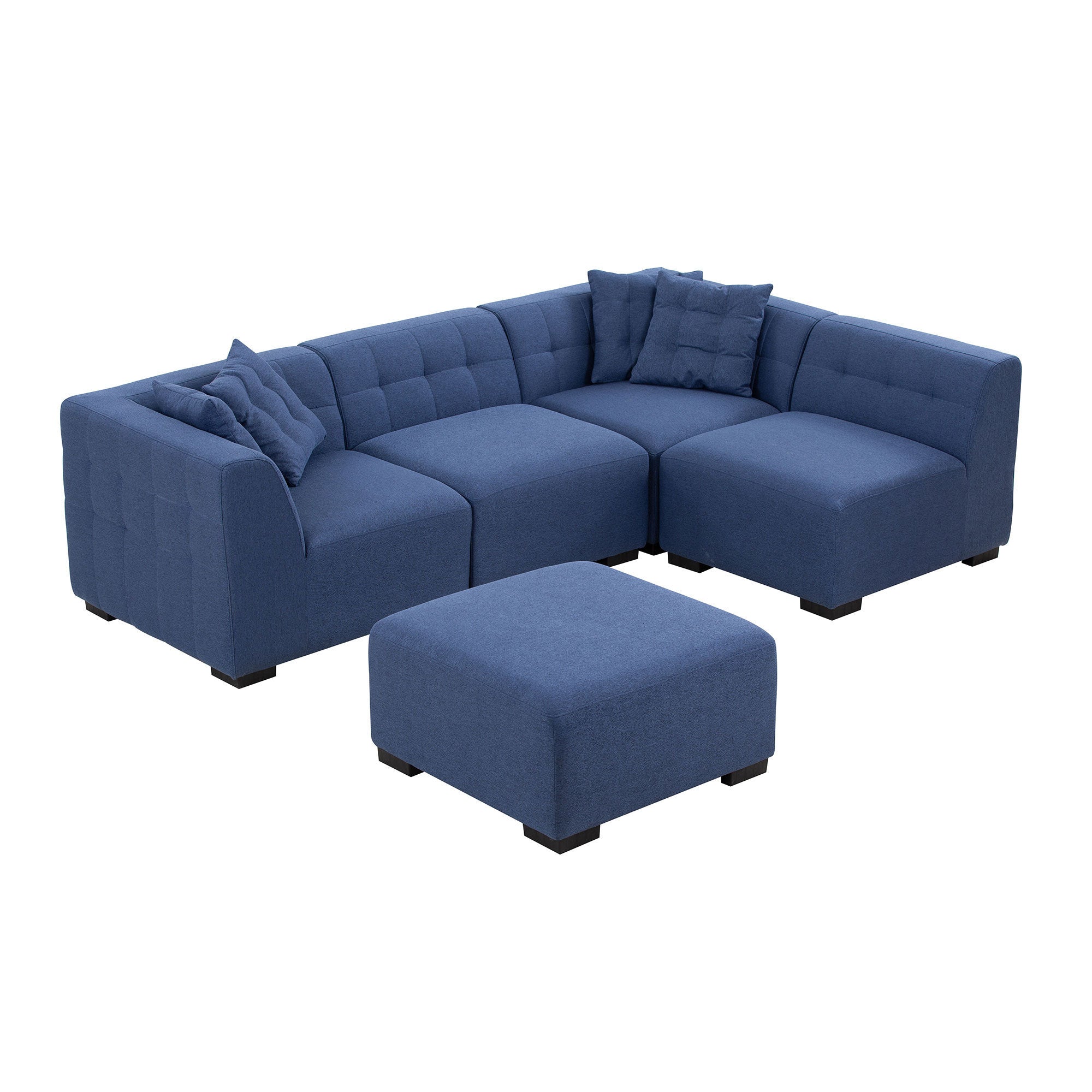 A stylish dark blue sectional sofa with an ottoman, showcasing a modern design and comfortable seating, perfect for living rooms.