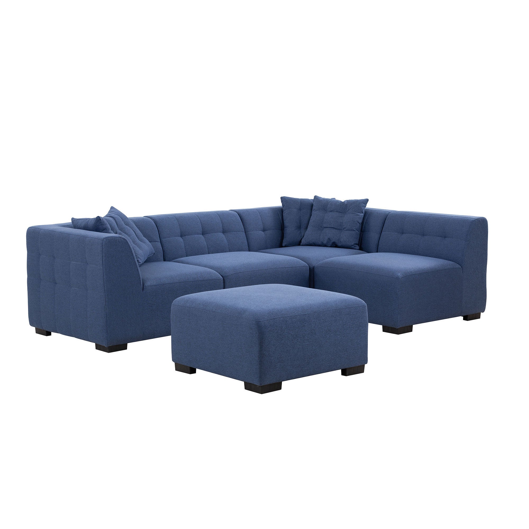 A stylish dark blue sectional sofa with an ottoman, showcasing a modern design and comfortable seating, perfect for living rooms.