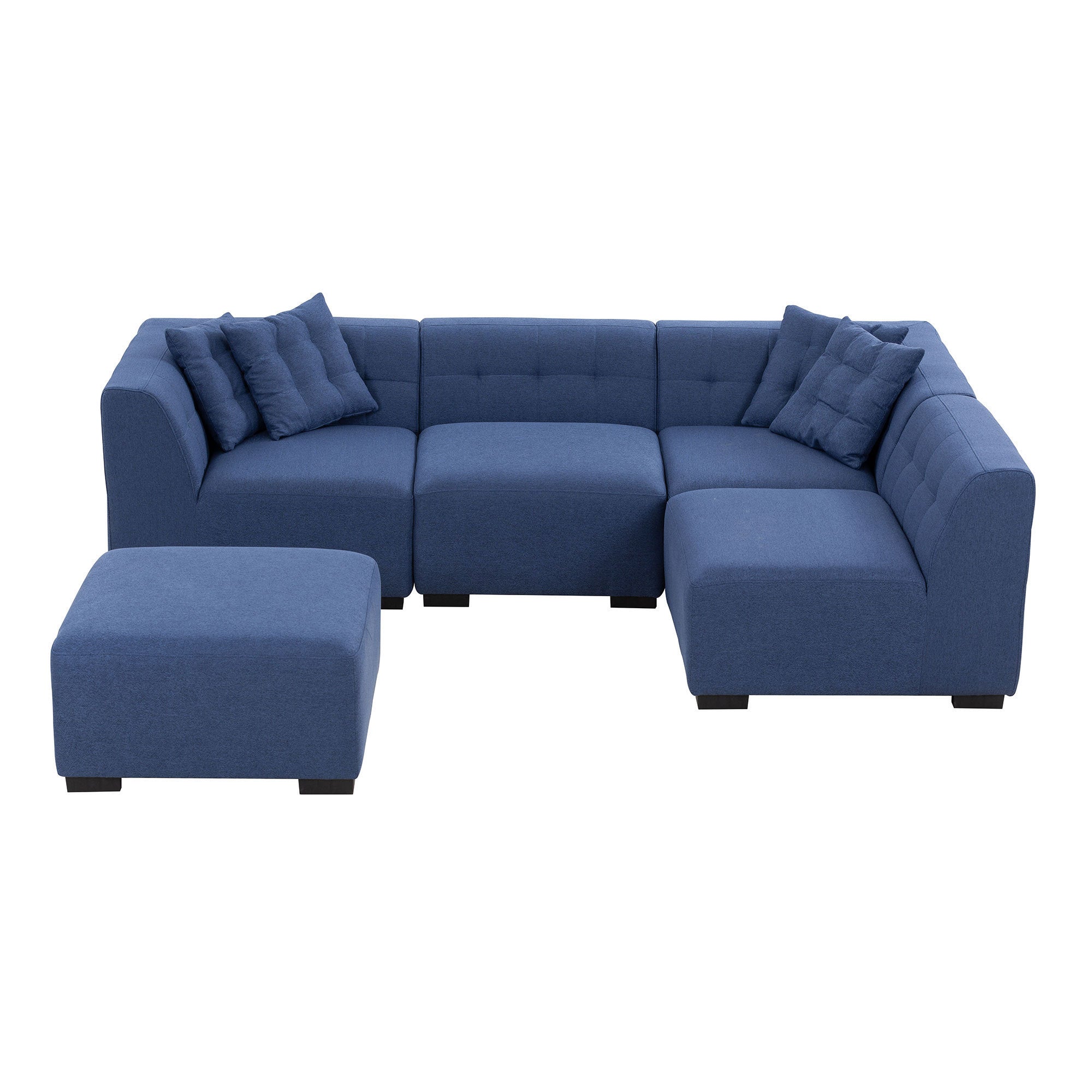 A stylish dark blue sectional sofa with an ottoman, showcasing a modern design and comfortable seating, perfect for living rooms.