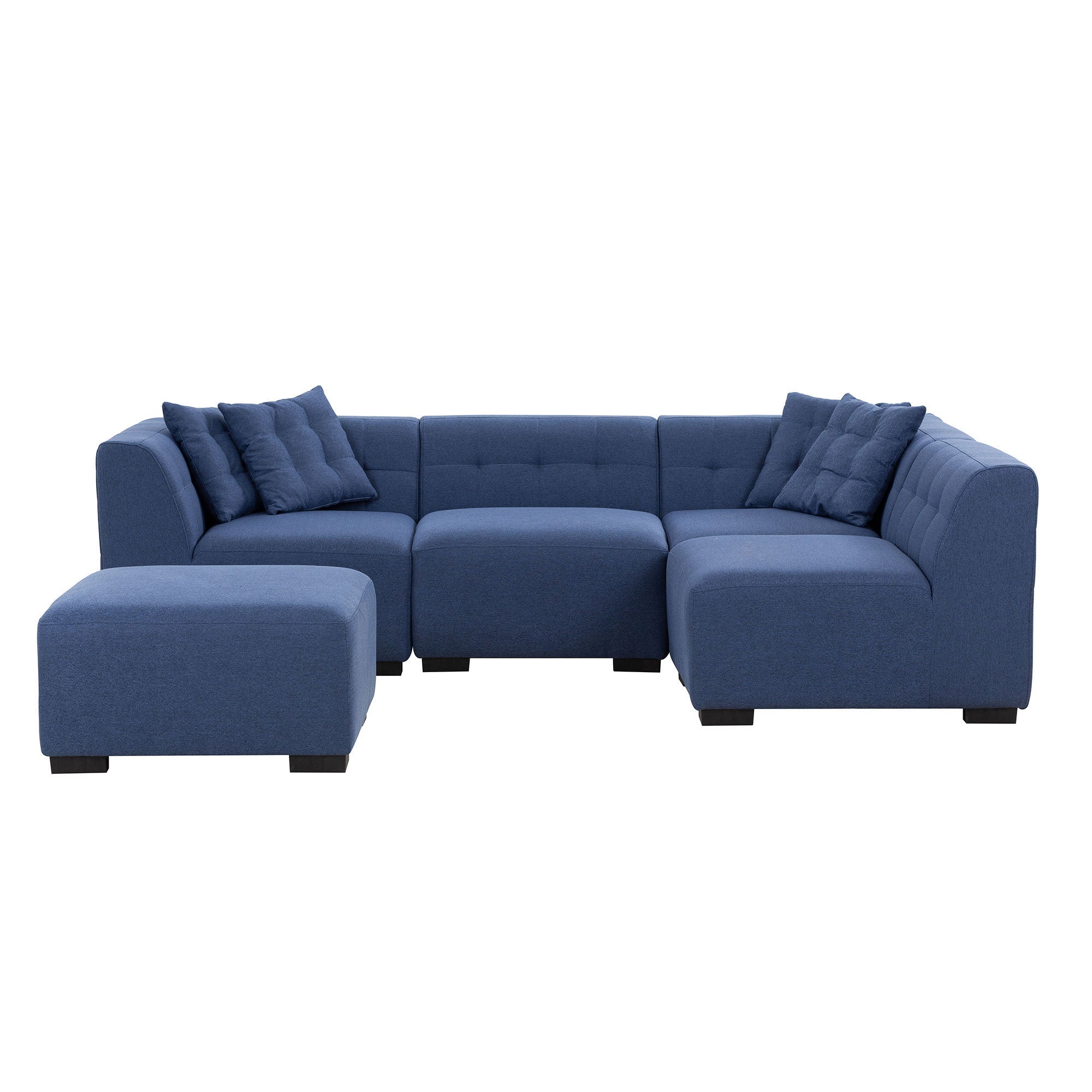 A stylish dark blue sectional sofa with an ottoman, showcasing a modern design and comfortable seating, perfect for living rooms.