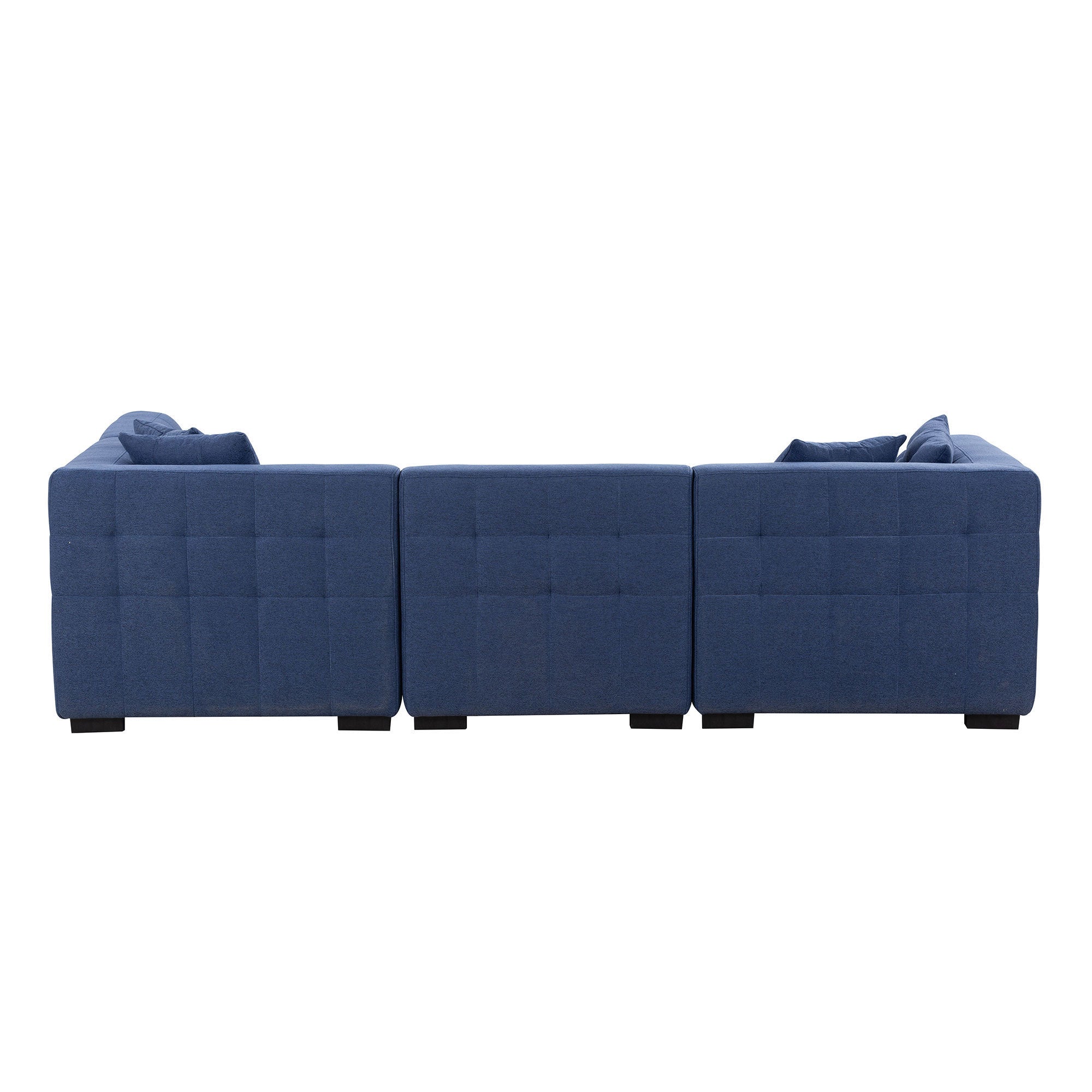 A stylish dark blue sectional sofa with an ottoman, showcasing a modern design and comfortable seating, perfect for living rooms.