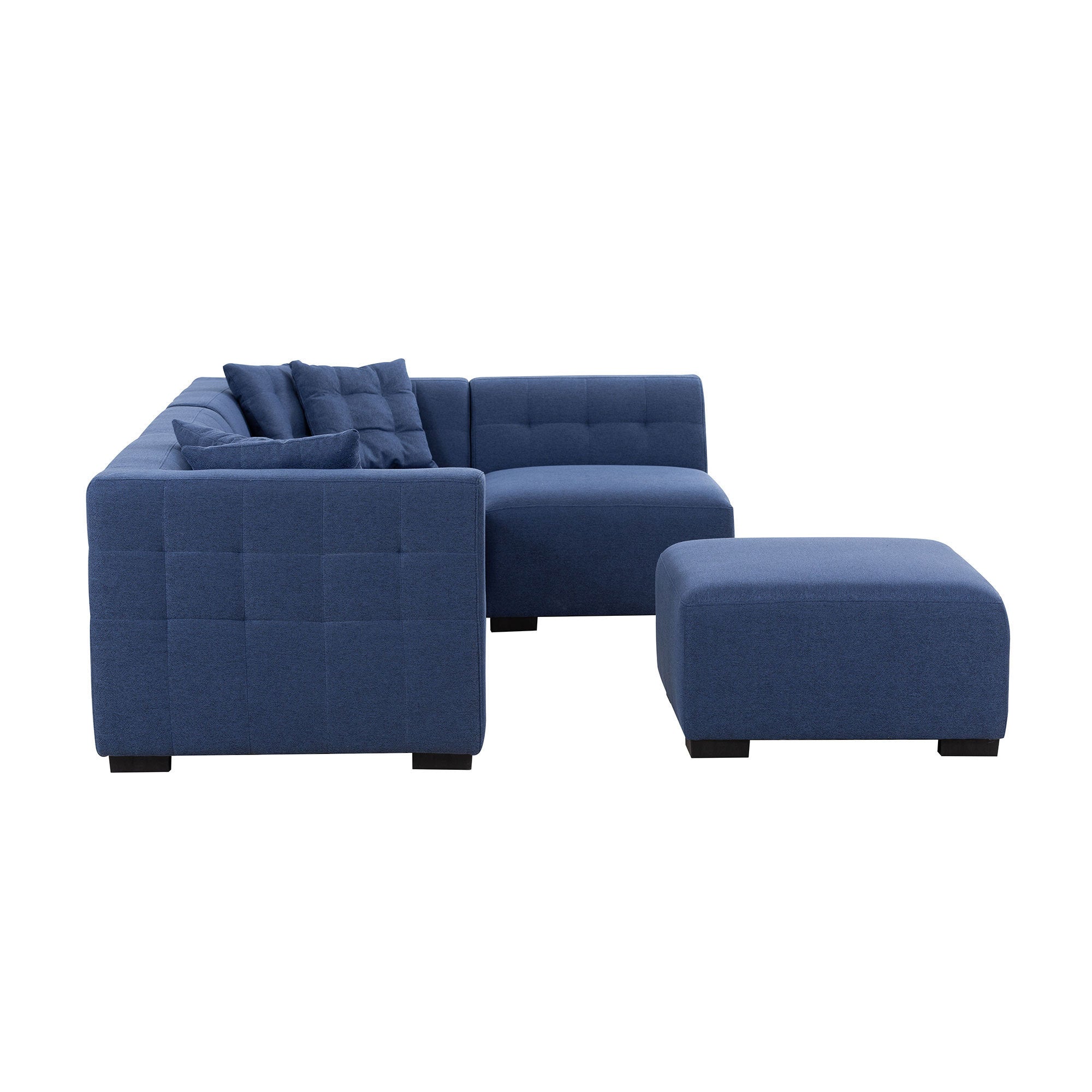 A stylish dark blue sectional sofa with an ottoman, showcasing a modern design and comfortable seating, perfect for living rooms.