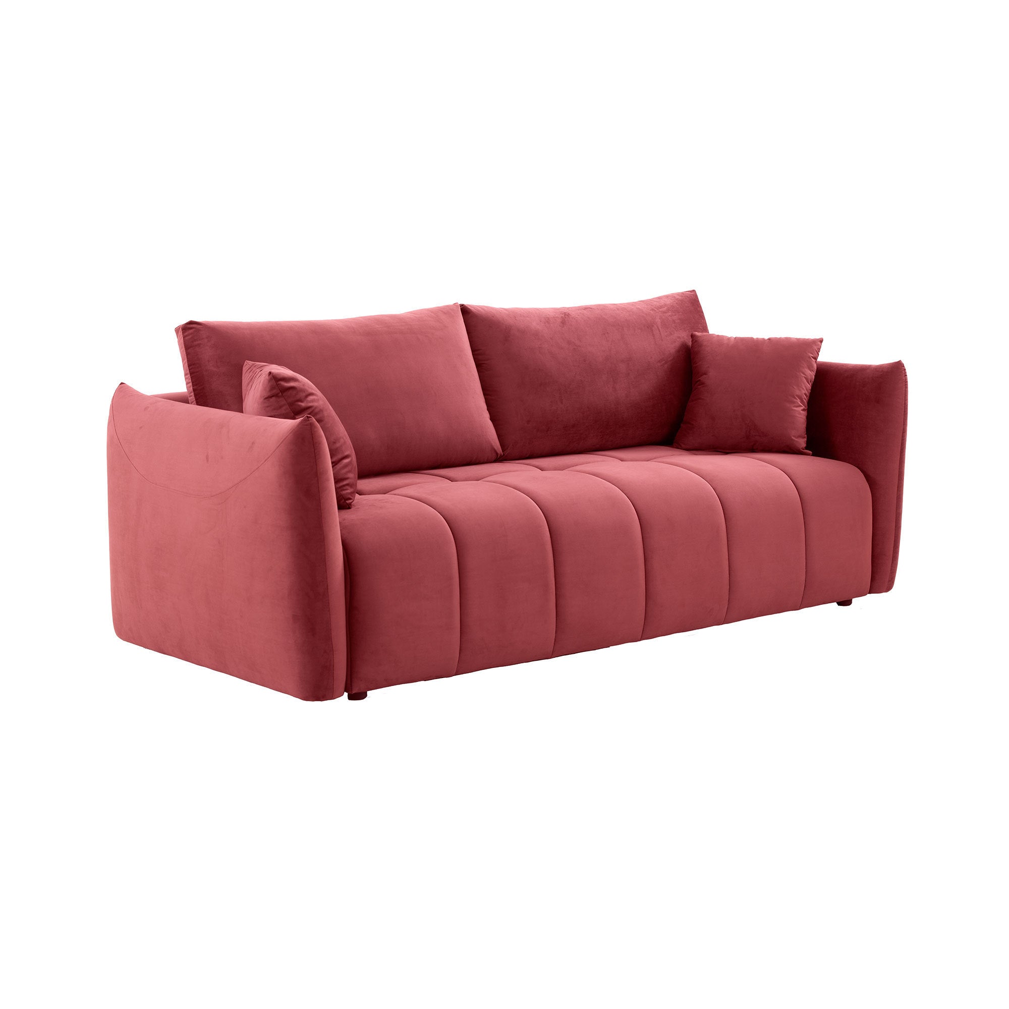 Elegant wine red sectional sofa with three pillows, upholstered in soft velvet fabric, designed for living room comfort.