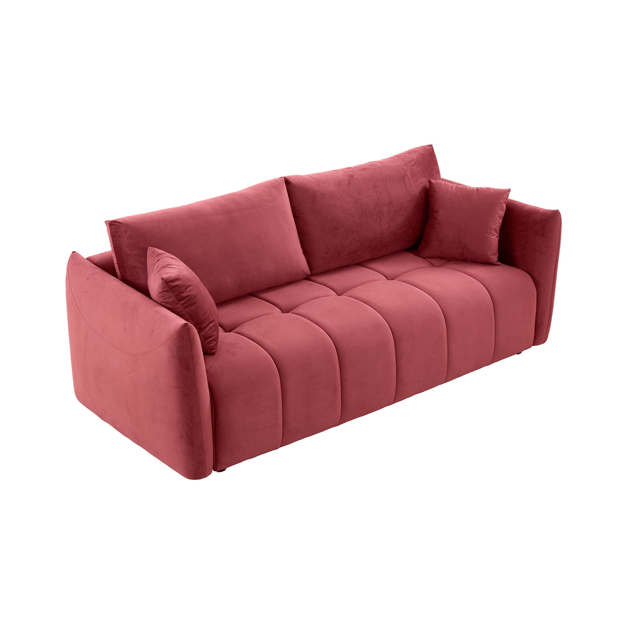 Elegant wine red sectional sofa with three pillows, upholstered in soft velvet fabric, designed for living room comfort.