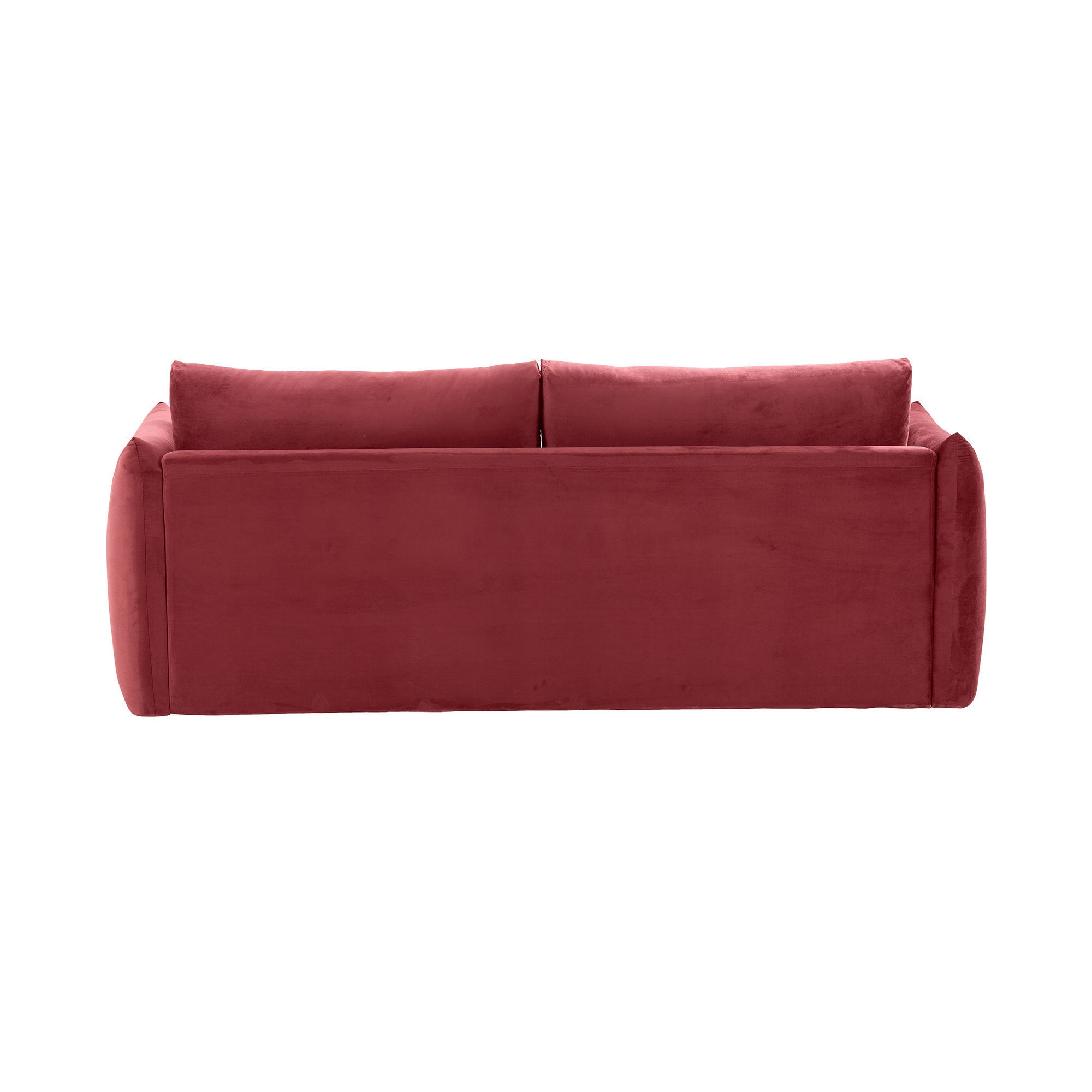 Elegant wine red sectional sofa with three pillows, upholstered in soft velvet fabric, designed for living room comfort.